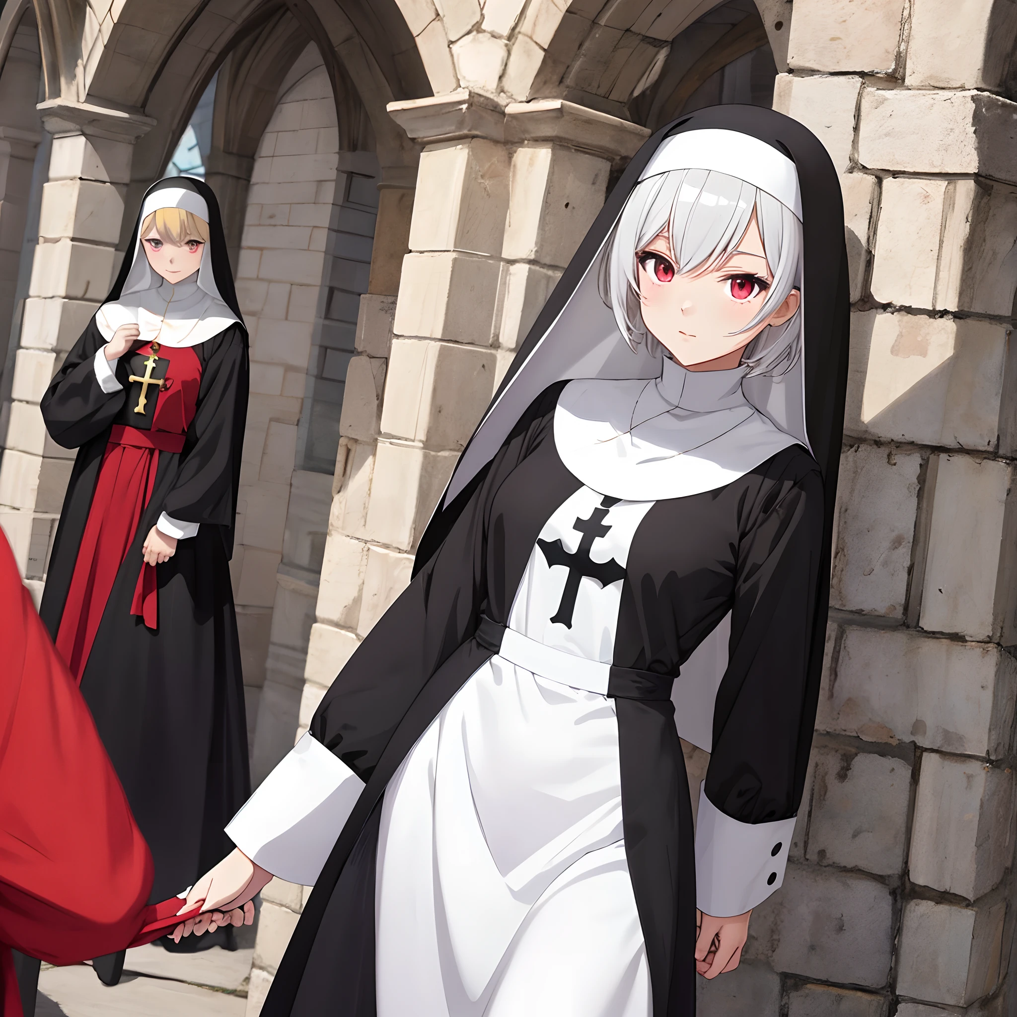 short detailed hair,Anime style,Off-white hair,medieval times,teens girl,lewd nun,abbey,Red eyes,Fantasy wind