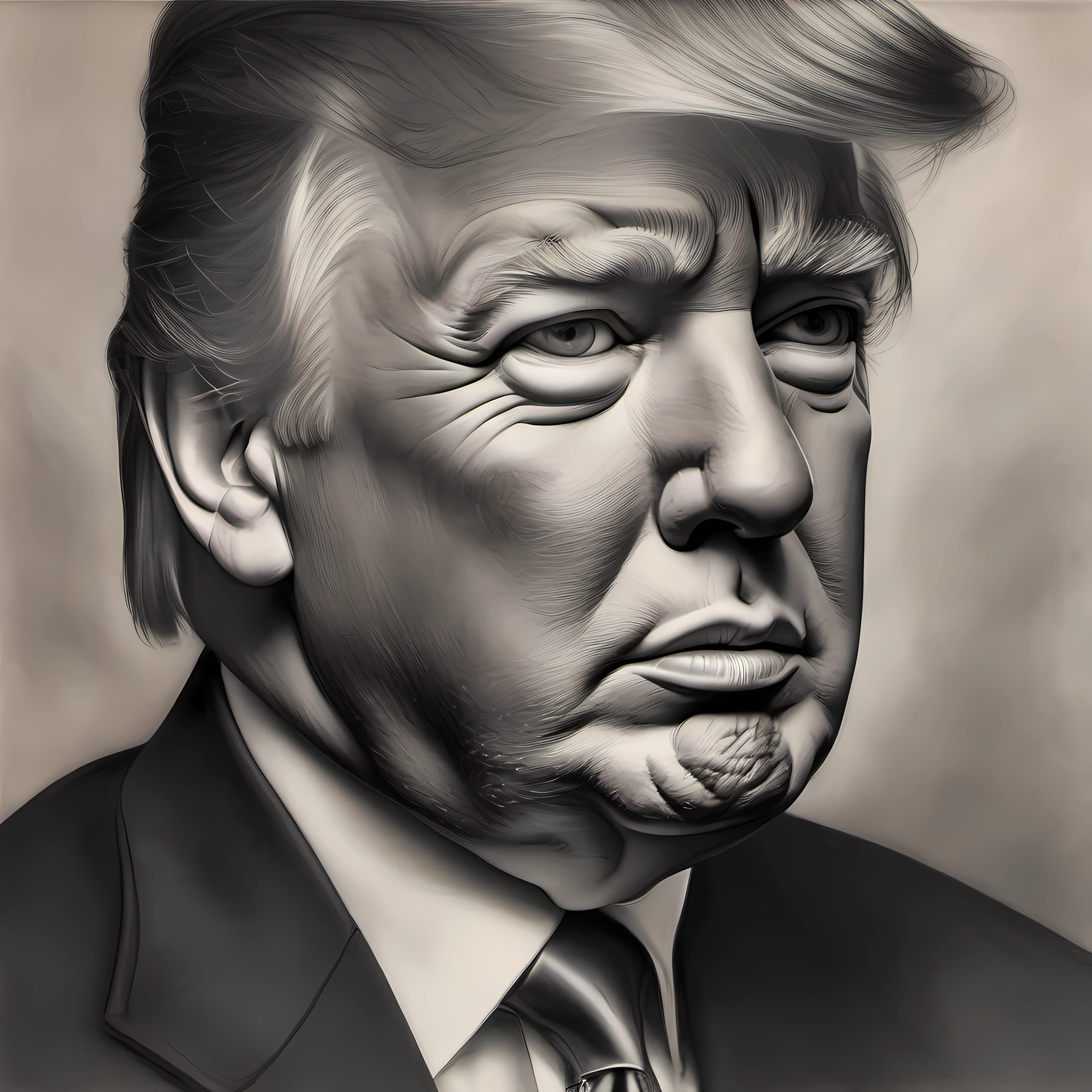 A detailed creative charcoal portrait of Donald Trump by acclaimed charcoal artist Diane Edison. Trump is depicted in a tight close-up face portrait illuminated by dramatic side lighting. The charcoal is used with precision to capture every wrinkle, pore, and imperfection of his skin in photorealistic detail. His facial expression exhibits confidence with pursed lips and focused eyes directed at the viewer. The textured charcoal gradients masterfully render the sheen of his swept back hairstyle and the denseness of his eyebrows. Diane Edison employs thoughtful mark making and tonal techniques to bring Trump's persona to life through creative embellishments adding dynamism to his facial features and wise expresión. The portrait encapsulates Edison's technical charcoal mastery with creativity.