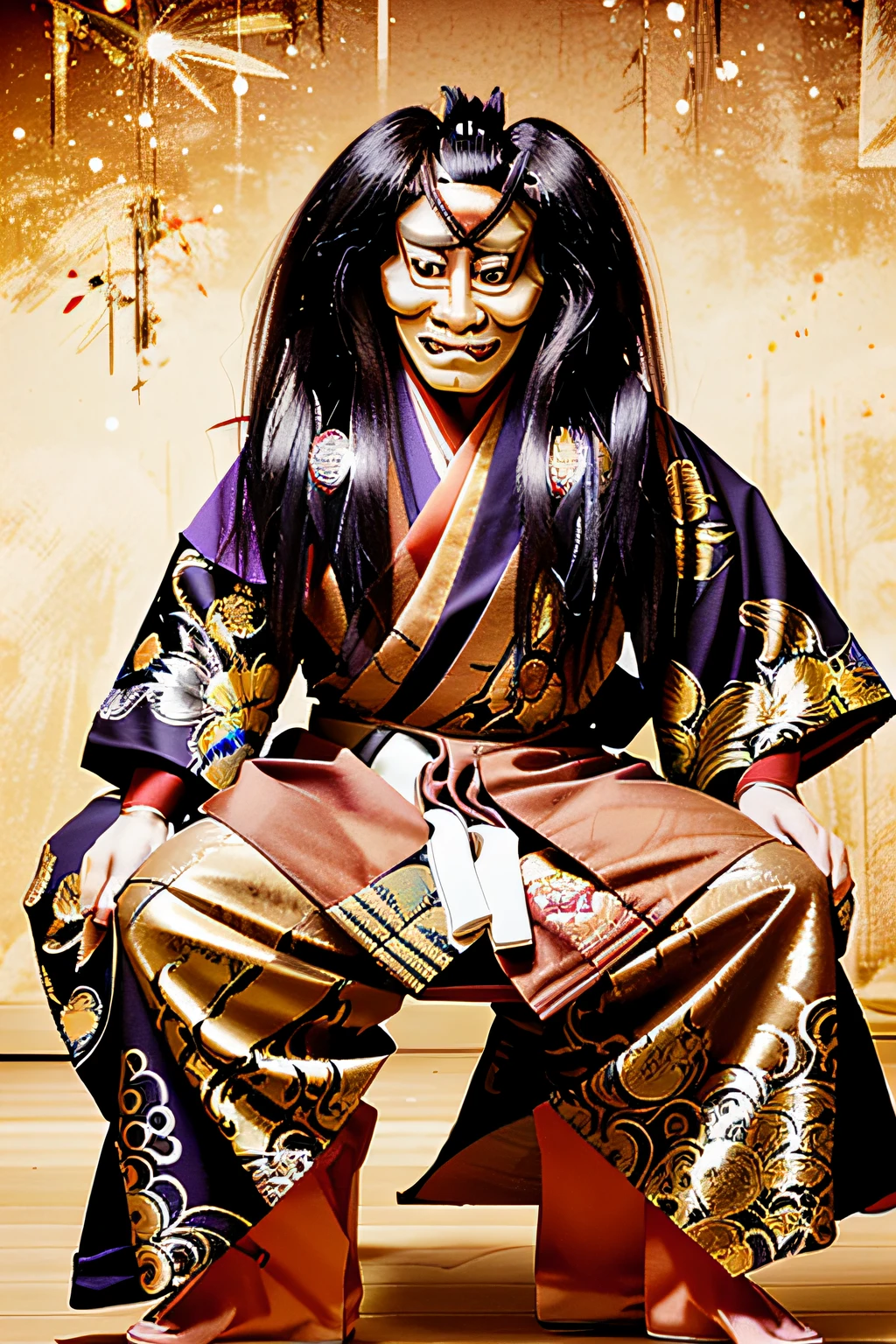 Man in costume sitting on chair , For 3 people, Long hair, Looking at Viewer, Simple background, Black hair, 1boy, Sitting, Male Focus, komono, Kimono, Mask, with floral pattern, Black background, sarashi, Red kimono, Traditional yokai , Professional Photography