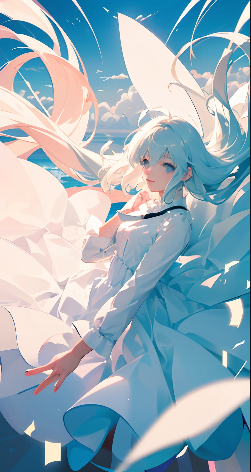 masterpiece, best quality, movie still, 1girl, floating in the sky, cloud girl, cloud, (close-up:1.1), bright, happy, fun, soft lighting, (Bauhaus, shapes, lines, abstract:1.1)