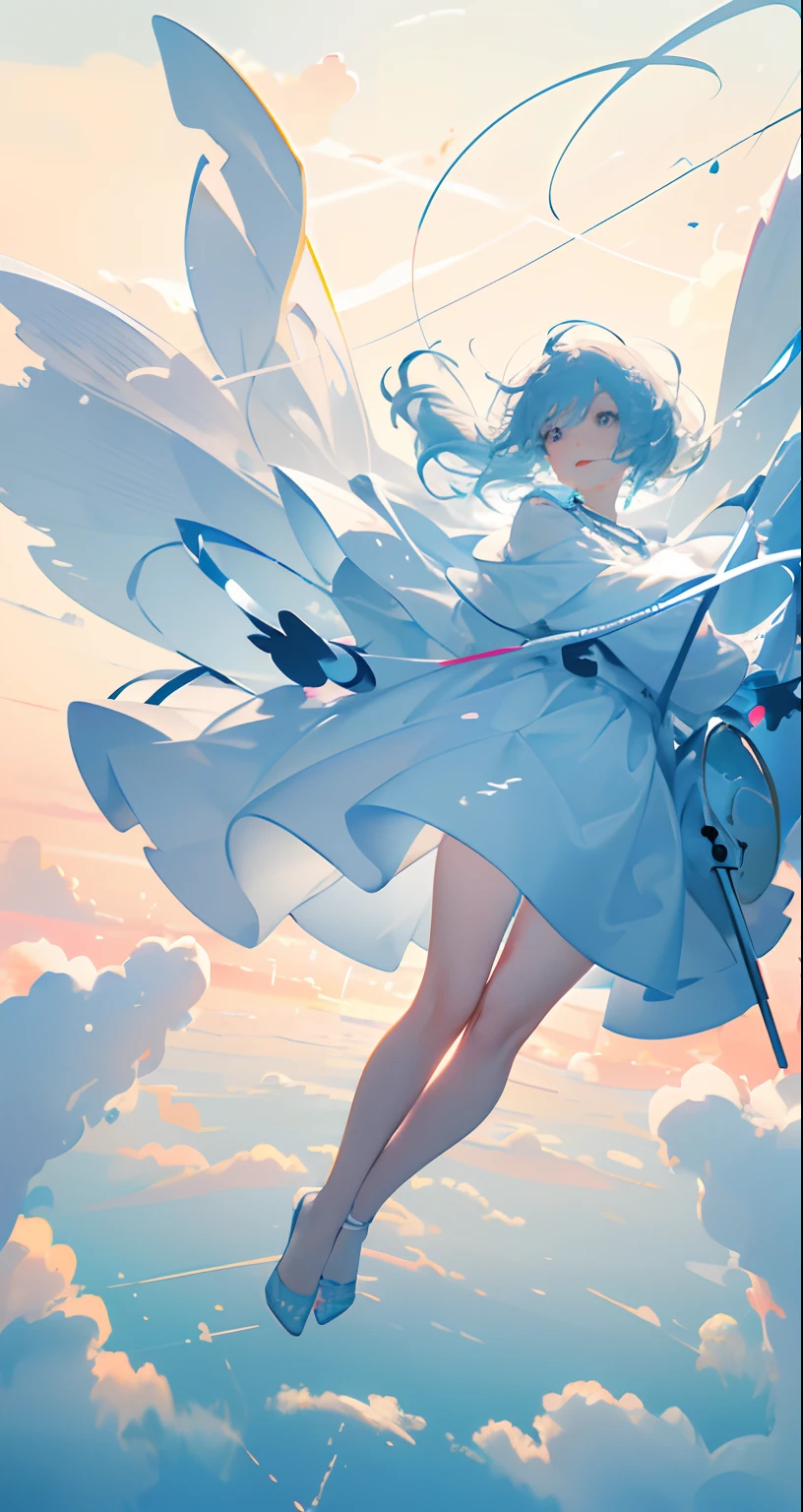 masterpiece, best quality, movie still, 1girl, floating in the sky, cloud girl, cloud, (close-up:1.1), bright, happy, fun, soft lighting, (Bauhaus, shapes, lines, abstract:1.1)