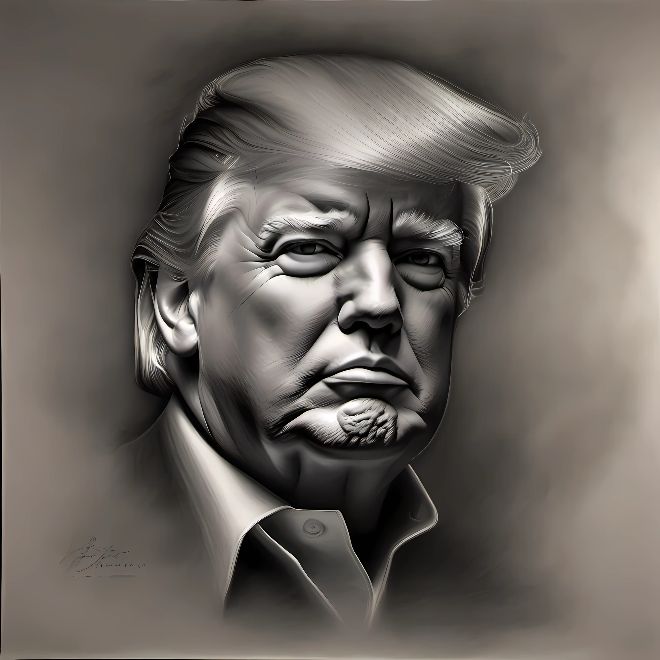 A detailed creative charcoal portrait of Donald Trump by acclaimed charcoal artist Diane Edison. Trump is depicted in a tight close-up face portrait illuminated by dramatic side lighting. The charcoal is used with precision to capture every wrinkle, pore, and imperfection of his skin in photorealistic detail. His facial expression exhibits confidence with pursed lips and focused eyes directed at the viewer. The textured charcoal gradients masterfully render the sheen of his swept back hairstyle and the denseness of his eyebrows. Diane Edison employs thoughtful mark making and tonal techniques to bring Trump's persona to life through creative embellishments adding dynamism to his facial features and wise expresión. The portrait encapsulates Edison's technical charcoal mastery with creativity.