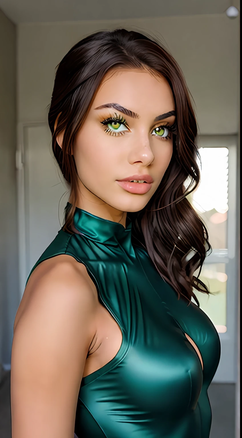 Brown skinned woman with green eyes and fleshy lips wearing a green lantern cosplay