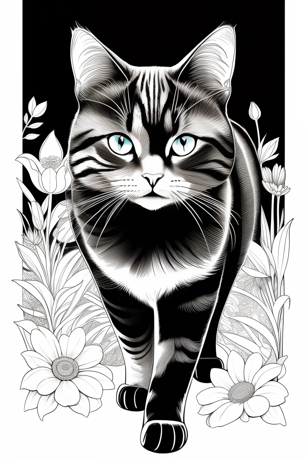abstract paintings「coloring book」Please generate。Create beautiful art。
monotone、I want to draw a horizontal cat and a flower with a line drawing。