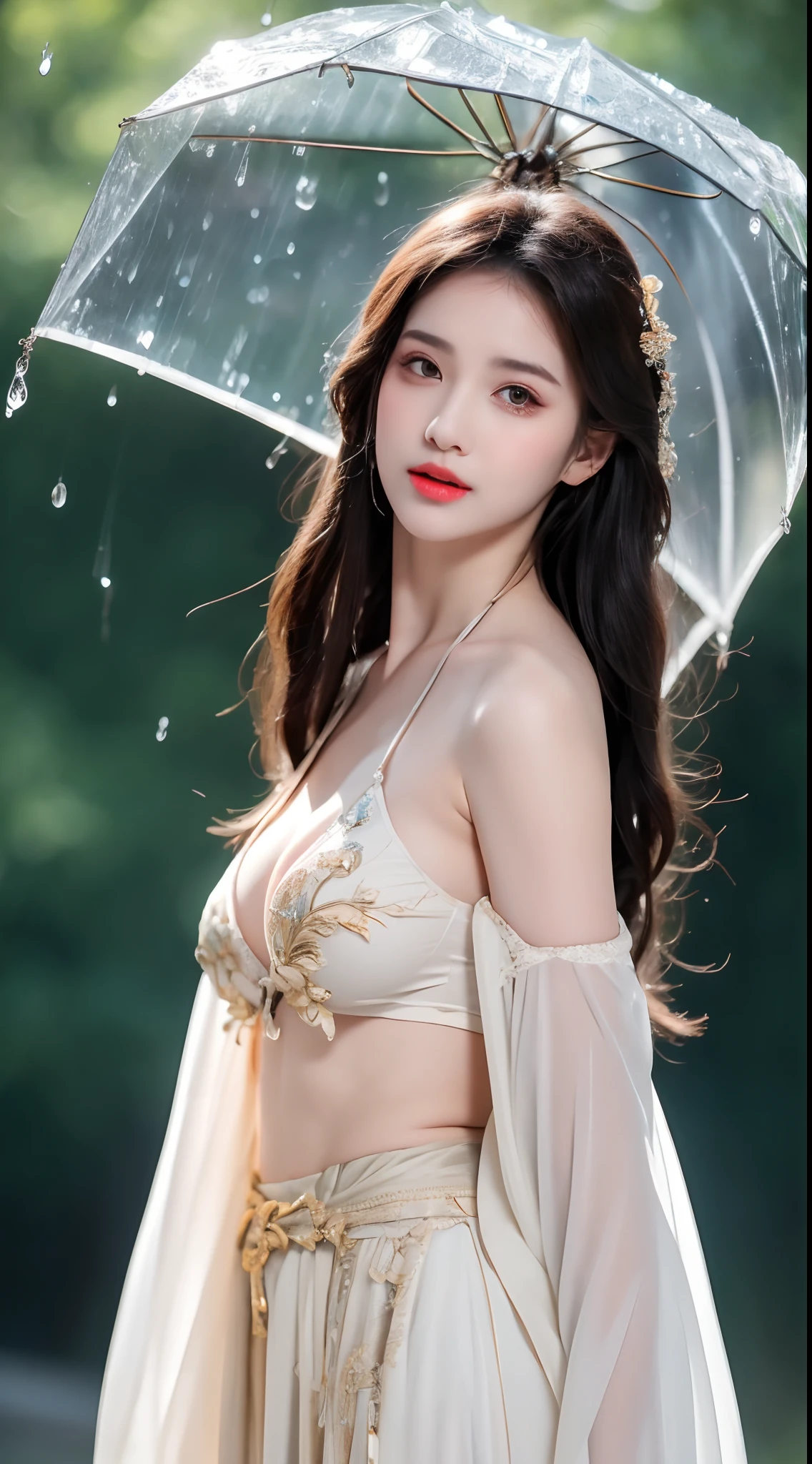 ((Best Quality, 8k, Masterpiece: 1.3)), Focus: 1.2, Perfect Body Beauty: 1.4, Buttocks: 1.2, ((Layered Haircut)), (Wet Clothes: 1.1), (Rain, Street:1.3), (Breasts: 1.2), (Hanfu: 1.2), Bare Shoulders, Bare Legs, Highly Detailed Face and Skin Texture, Fine Eyes, Double Eyelids, Whitened Skin, Long Hair, (Shut Up: 1.5), (Bokeh Background: 1.5), Big Breasts