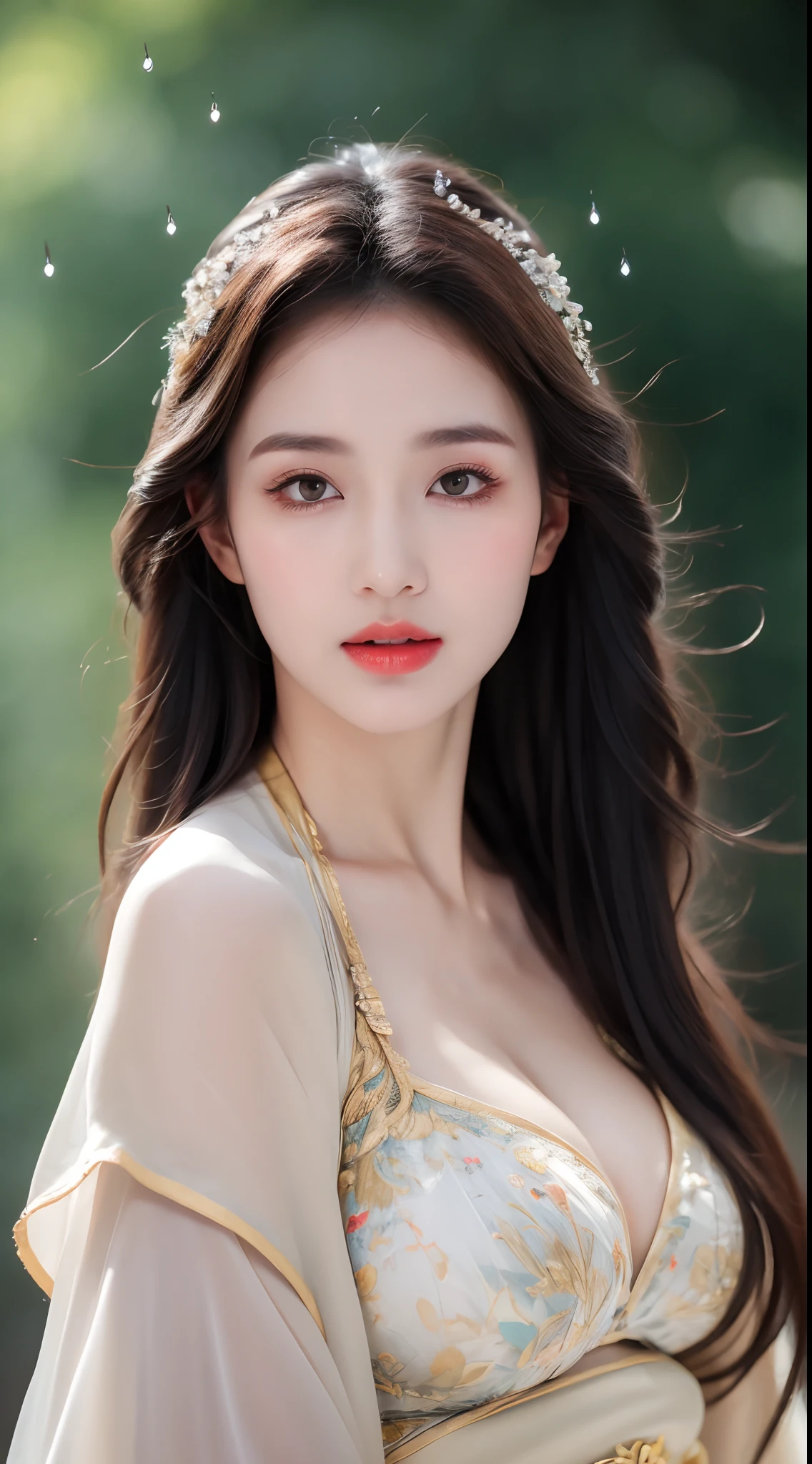 ((Best Quality, 8k, Masterpiece: 1.3)), Focus: 1.2, Perfect Body Beauty: 1.4, Buttocks: 1.2, ((Layered Haircut)), (Wet Clothes: 1.1), (Rain, Street:1.3), (Breasts: 1.2), (Hanfu: 1.2), Bare Shoulders, Bare Legs, Highly Detailed Face and Skin Texture, Fine Eyes, Double Eyelids, Whitened Skin, Long Hair, (Shut Up: 1.5), (Bokeh Background: 1.5), Big Breasts