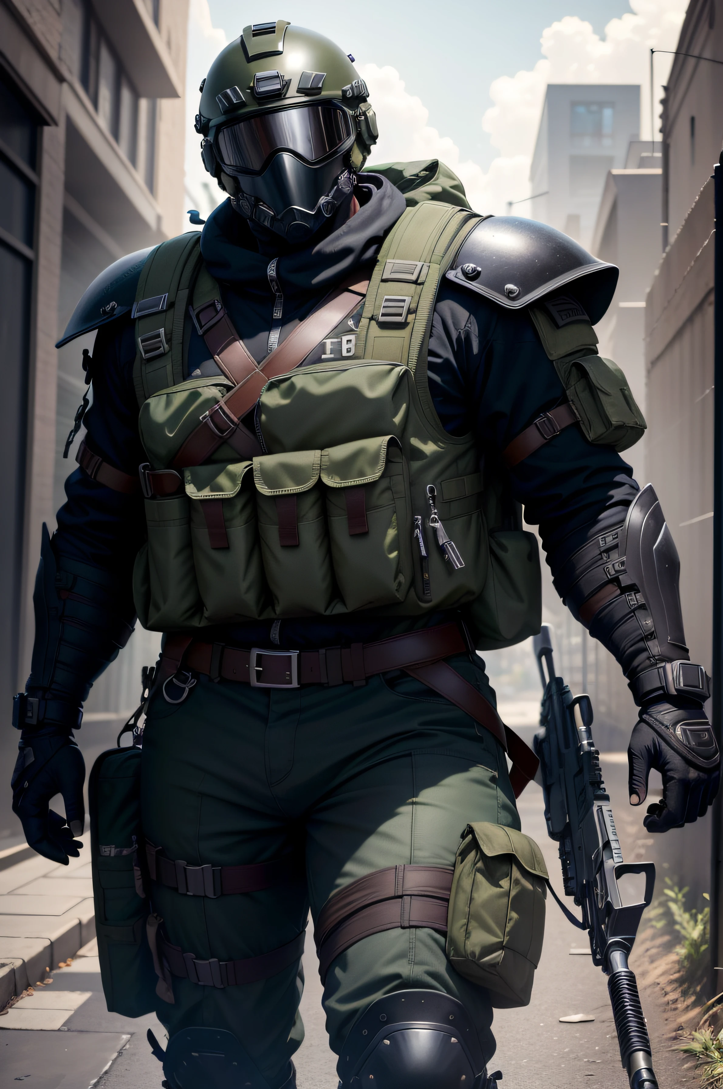 (8k, best quality, masterpiece:1.2), (official art, masterpiece, sharp focus), 1boy, future soldier:1.5, heavy protection, helmet, black mask, goggles, heavy backpack,