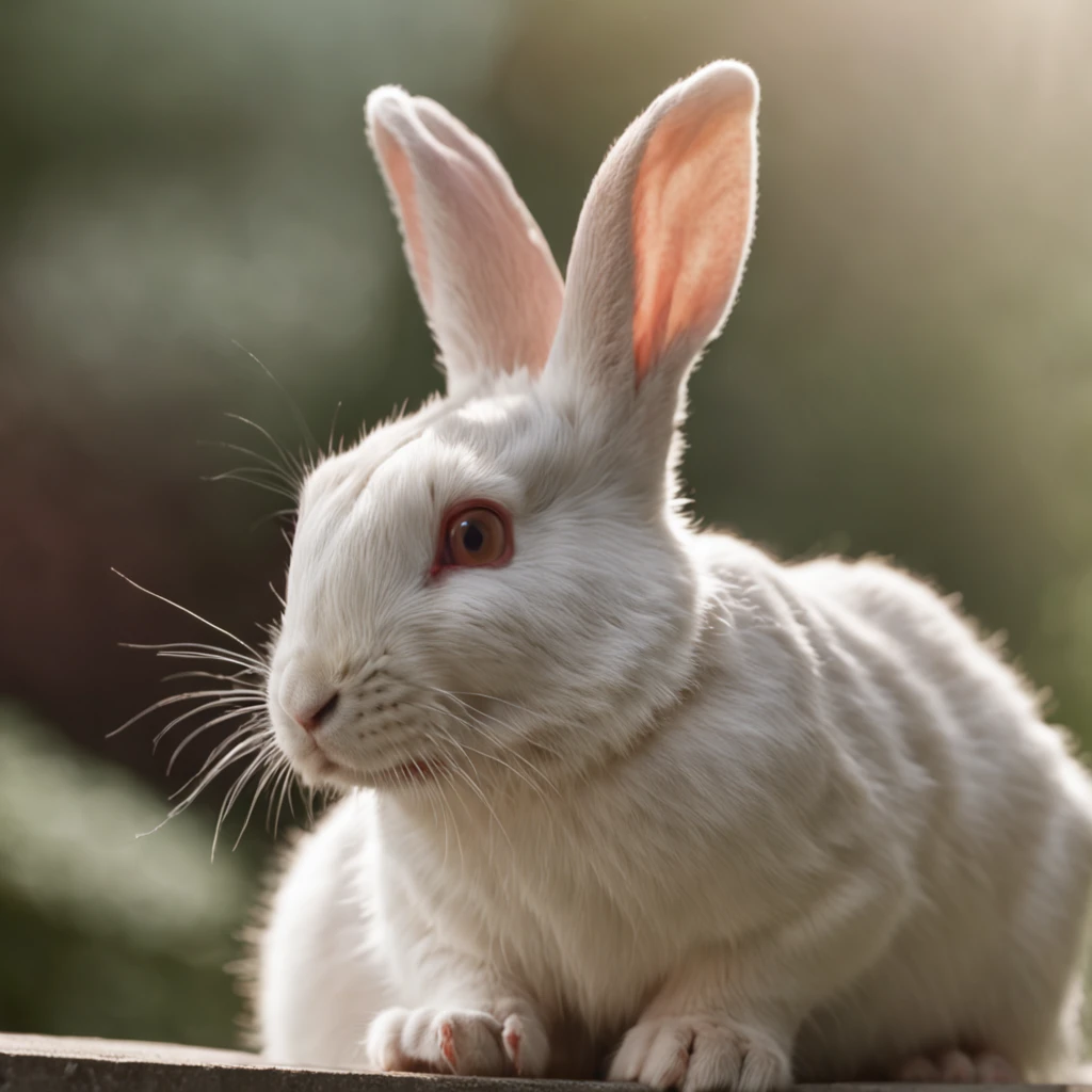 RAW photos,DSLR close-up,A white rabbit on the stairs to heaven,Cold nature documentary photography,detail-rich,Sunlight rays,sunlights,Cinematic lighting,professional colorgraded