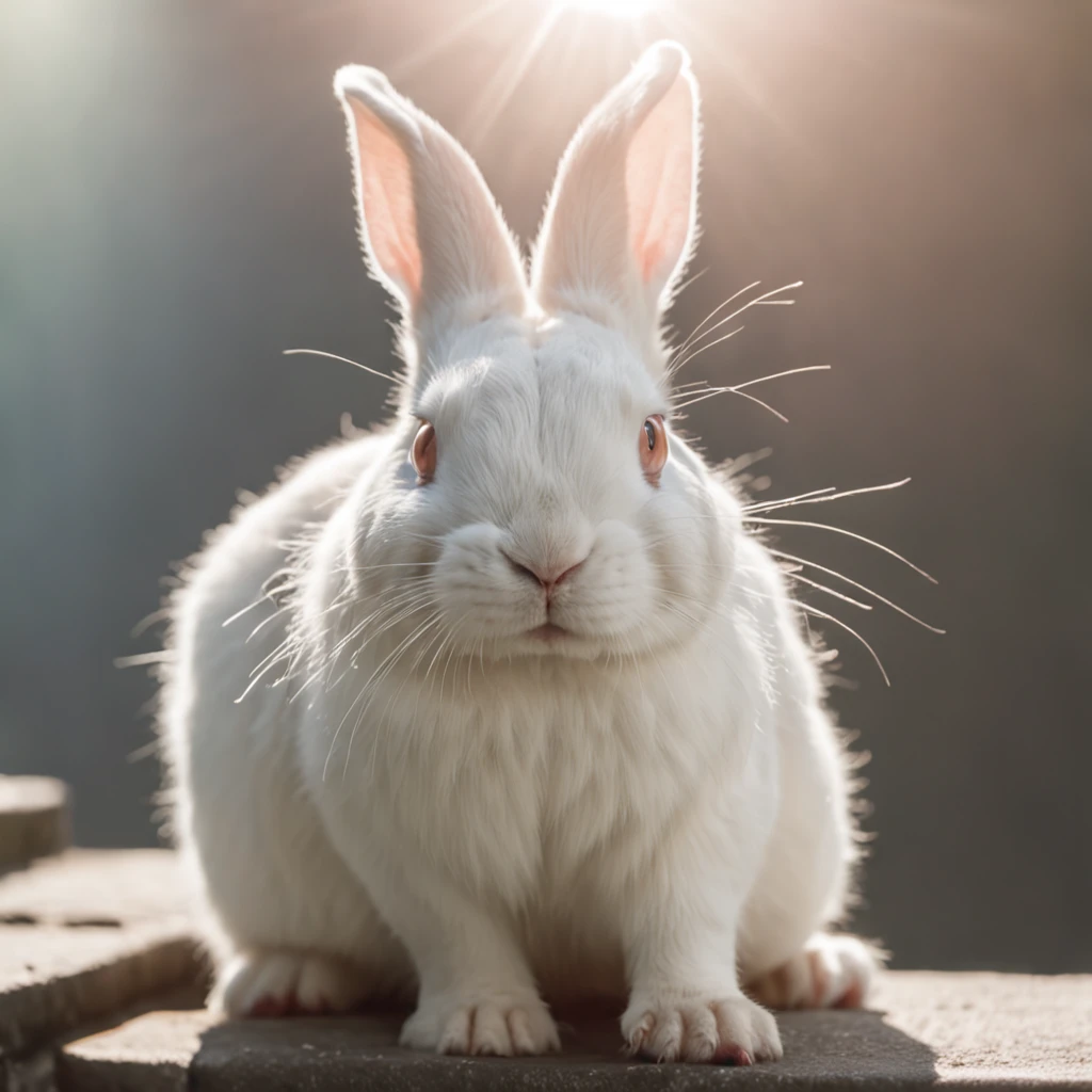 RAW photos,DSLR close-up,A white rabbit on the stairs to heaven,Cold nature documentary photography,detail-rich,Sunlight rays,sunlights,Cinematic lighting,professional colorgraded