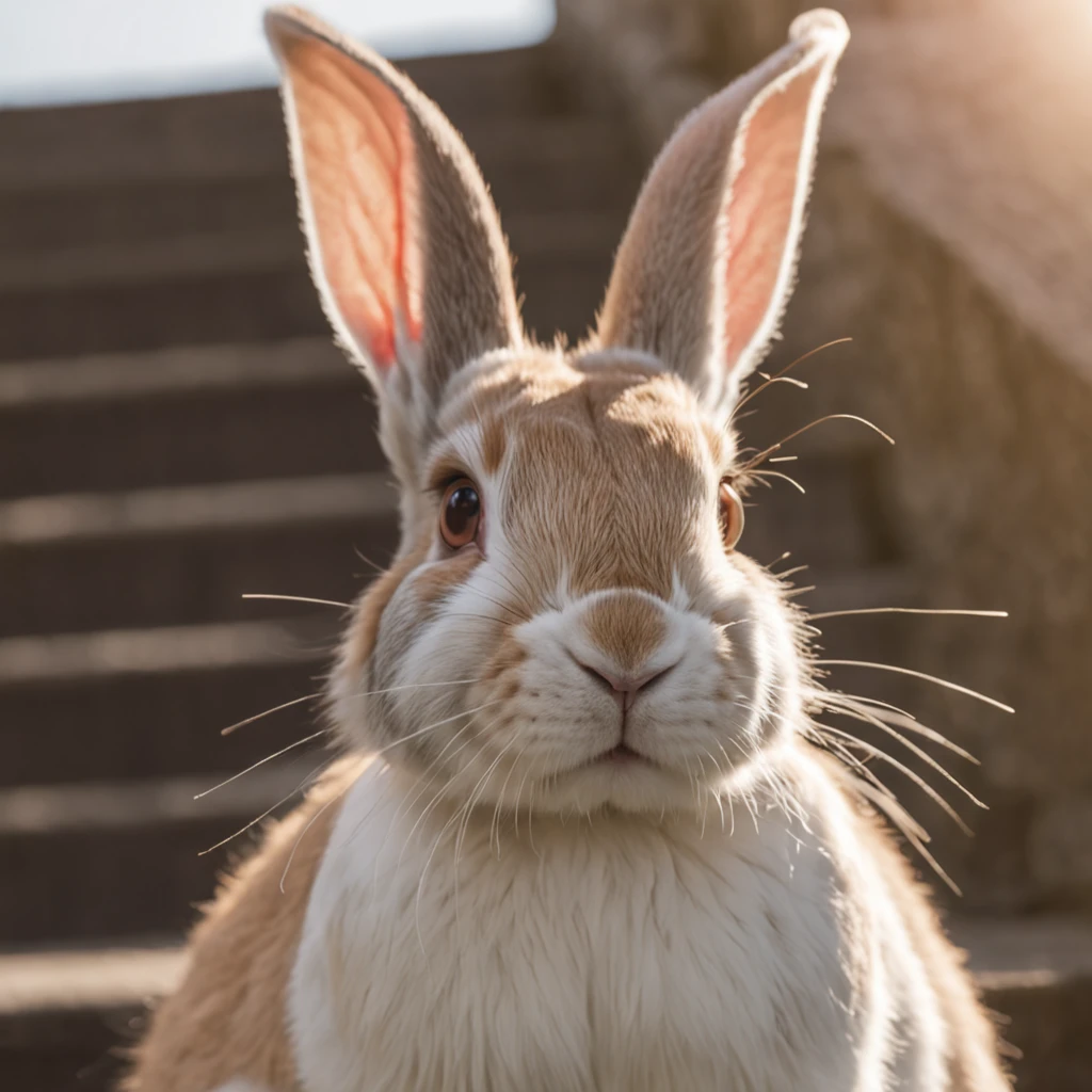 RAW photos,DSLR close-up,A white rabbit on the stairs to heaven,Cold nature documentary photography,detail-rich,Sunlight rays,sunlights,Cinematic lighting,professional colorgraded