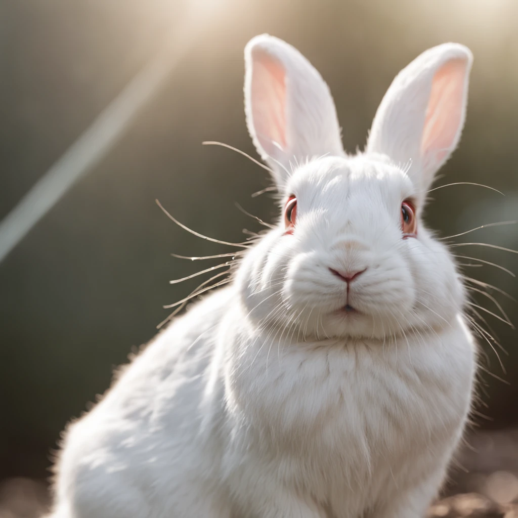 RAW Photo, DSLR BREAKclose-up, a white rabbit in a stairway to heaven, chilly nature documentary film photography BREAKdetailed, sunrays, sunlight, cinematic lighting, professional colorgraded