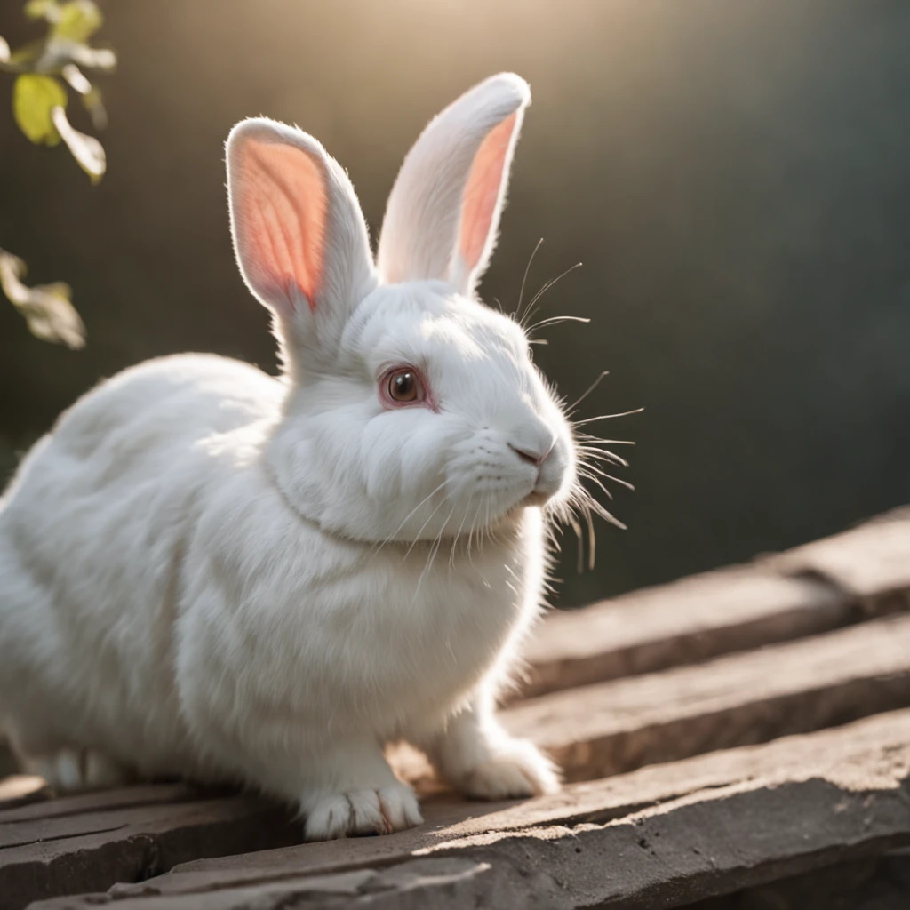 RAW Photo, DSLR BREAKclose-up, a white rabbit in a stairway to heaven, chilly nature documentary film photography BREAKdetailed, sunrays, sunlight, cinematic lighting, professional colorgraded