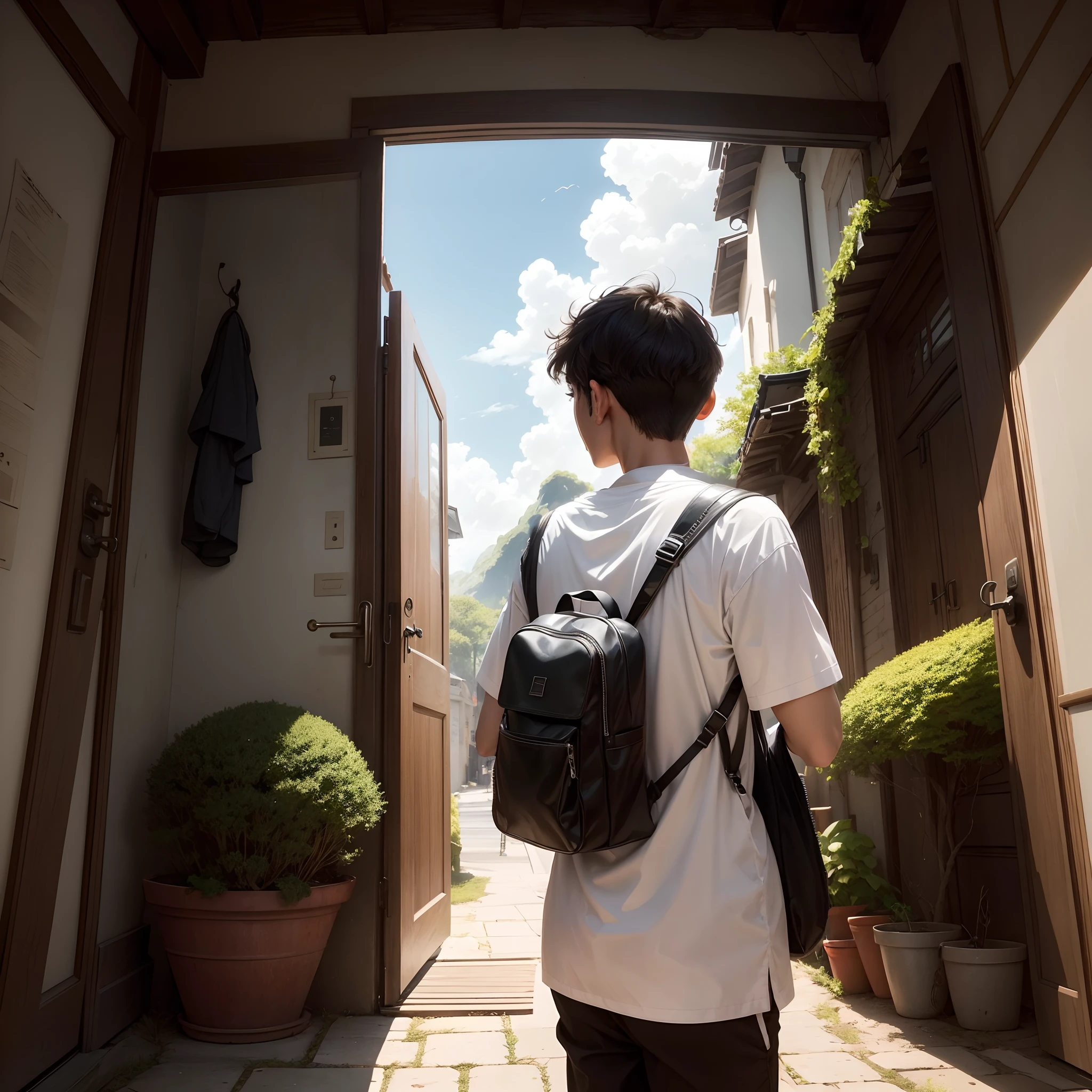 White short-sleeved shirt、Black shorts、Carrying a black rucksack