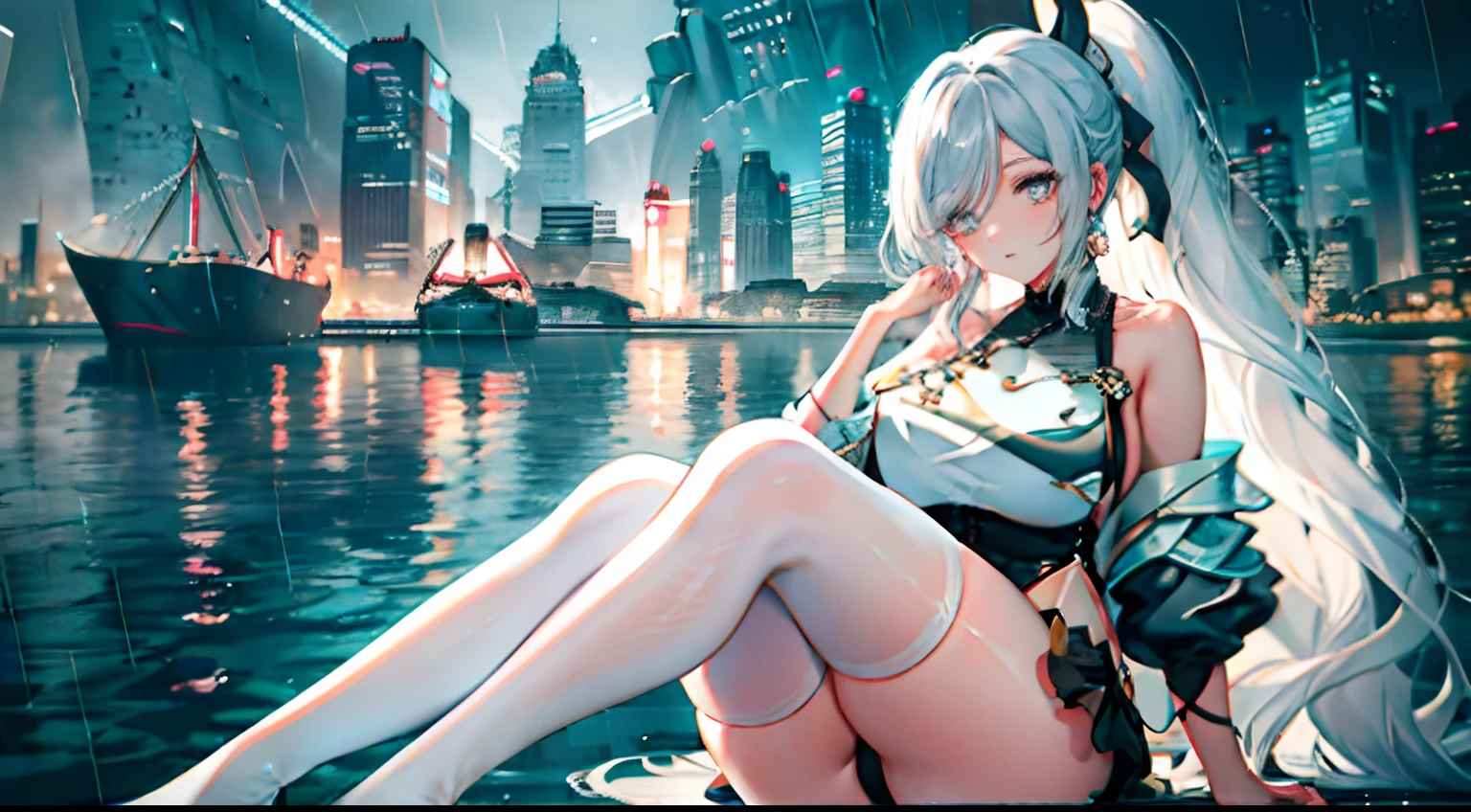heavy rain,Gorgeous high heels,Under water,grabbing the breasts,Official fine art,tmasterpiece,,Nice high ponytail hairstyle,Delicate and beautiful eyes and face,realisticlying,ultra - detailed,a beauty girl,blue-sky,scenecy,Long straight hair, sexy facial expression, buliding, (Cityscape:1.7), Dynamic hair, , , paleskin, hair adornments, epic landscapes,deep in the night,Masterpiece, Best quality,Bare shoulders, white thighhighs, Hair ribbon, Large breasts,black long socks