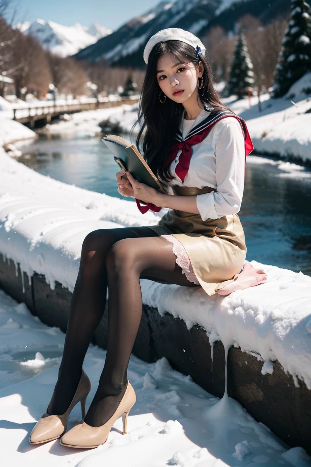 (full body:1.5),(1girl:1.3),(view the viewer:1.4),(anatomy correct:1.3),(Sitting by the creek of a snowy mountain:1.2),(Holding a book in his hand:1.15),(shy:1.15),(A Khaki and pink Sailor dress with ribbons:1.2),(Tan Pantyhose:1.3),( Uniform high heels leather shoes with bows for female students:1.1),(Accurate and perfect face:1.3),hyper HD, Ray traching, reflective light, structurally correct, Award-Awarded, high detail, lighten shade contrast, Face lighting ,cinematic lighting, masterpiece, super detailing, high quality, high detail, best quality, 16k,High contrast,