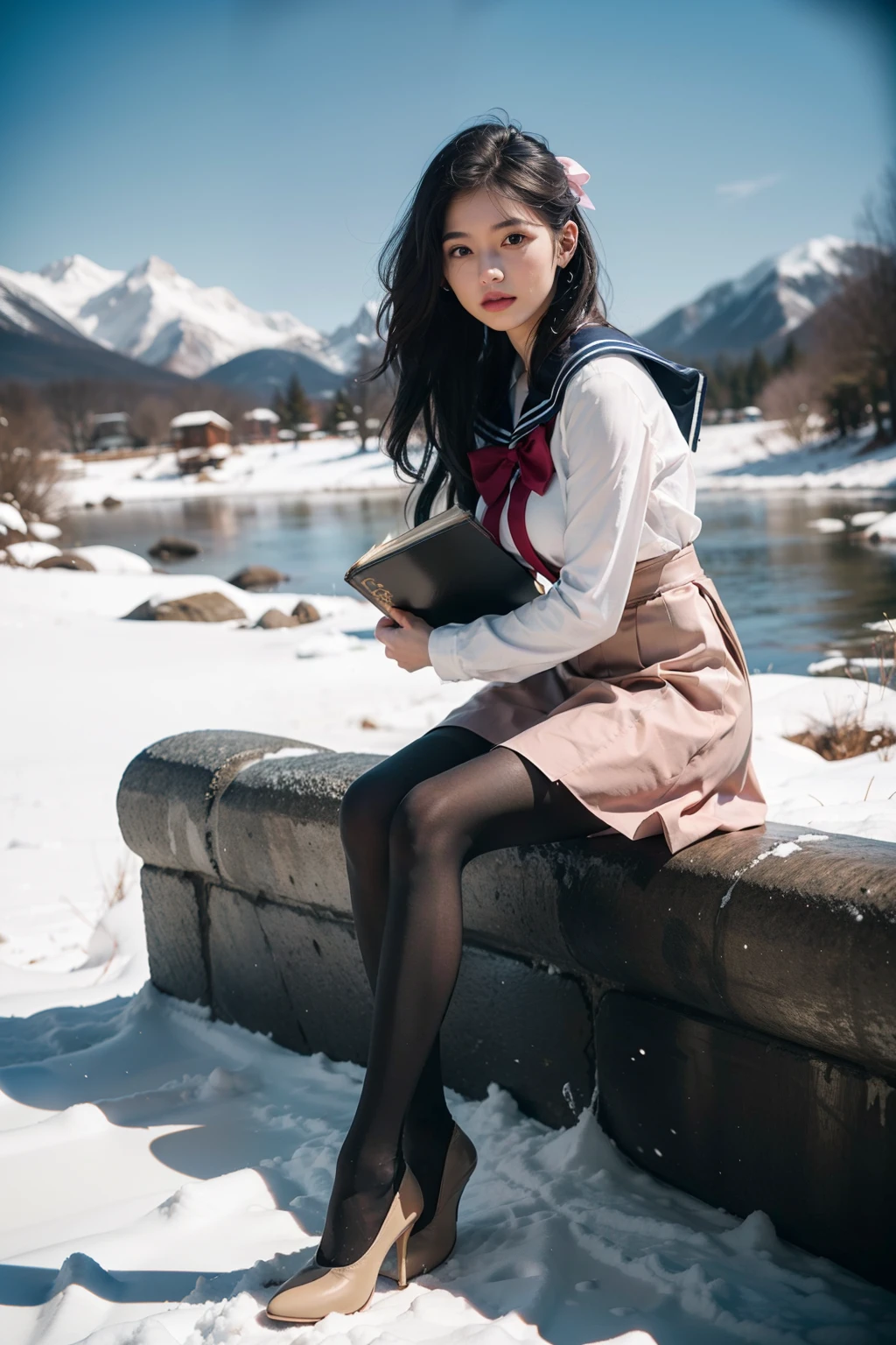 (full bodyesbian:1.5)，(1girll:1.3),(view the viewer:1.4)，(anatomy correct:1.3),(Sitting by a creek in a snowy mountain:1.2),(Red and yellow sailor suit and pleated skirt with ribbons:1.2),(Sepia pantyhose:1.3),( JK school uniform girls bow small leather shoes:1.1)，(Accurate and perfect face:1.3),hyper HD, Ray traching, reflective light， structurally correct, Award-Awarded, High detail, Fade shadow contrast, Face lighting ，Cinematic lighting, Masterpiece, super detailing, High quality, High detail, Best quality, 16k，High contrast,