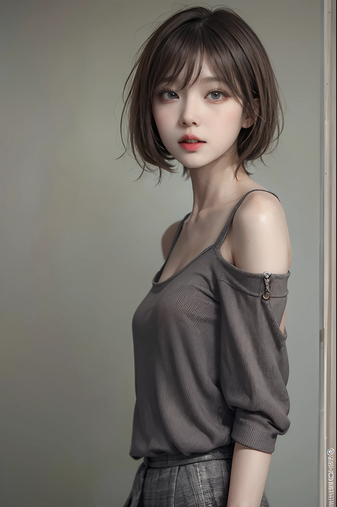 Top image quality、Raw photography、超A high resolution、An 18-year-old woman、Shooting for one person only、modelshoot、big round chest、cleavage of the breast、Wearing a tank top、Wearing a black skirt、Beautiful Eyes of Details、very elongated eyes、Beautiful eyelashes、Beautiful double eyelids、Gray walls、very slender legs、Shorthair with light brown hair、very slender physique、Very small buttocks
