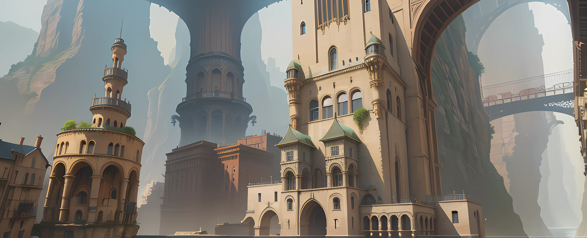 ((masterpiece)),((best quality)),((high detial)),((realistic,)) Industrial age city, deep canyons in the middle, architectural streets, bazaars, Bridges, rainy days, steampunk, European architecture