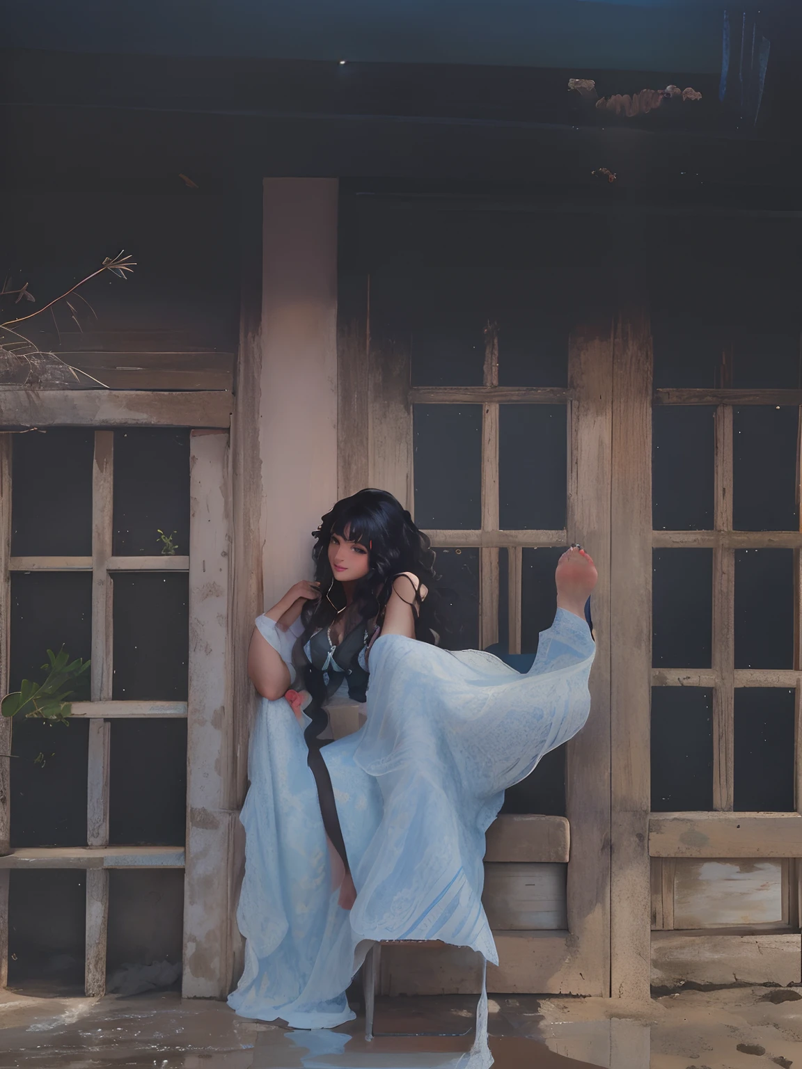 masterpiece, best quality, 1girl, black hair, long curly hair, very long hair, blue eyes, sexzy dress, smile, sitting, feet up, soles, beach, ocean, sand,beach ball, sea in background.crab running in feet