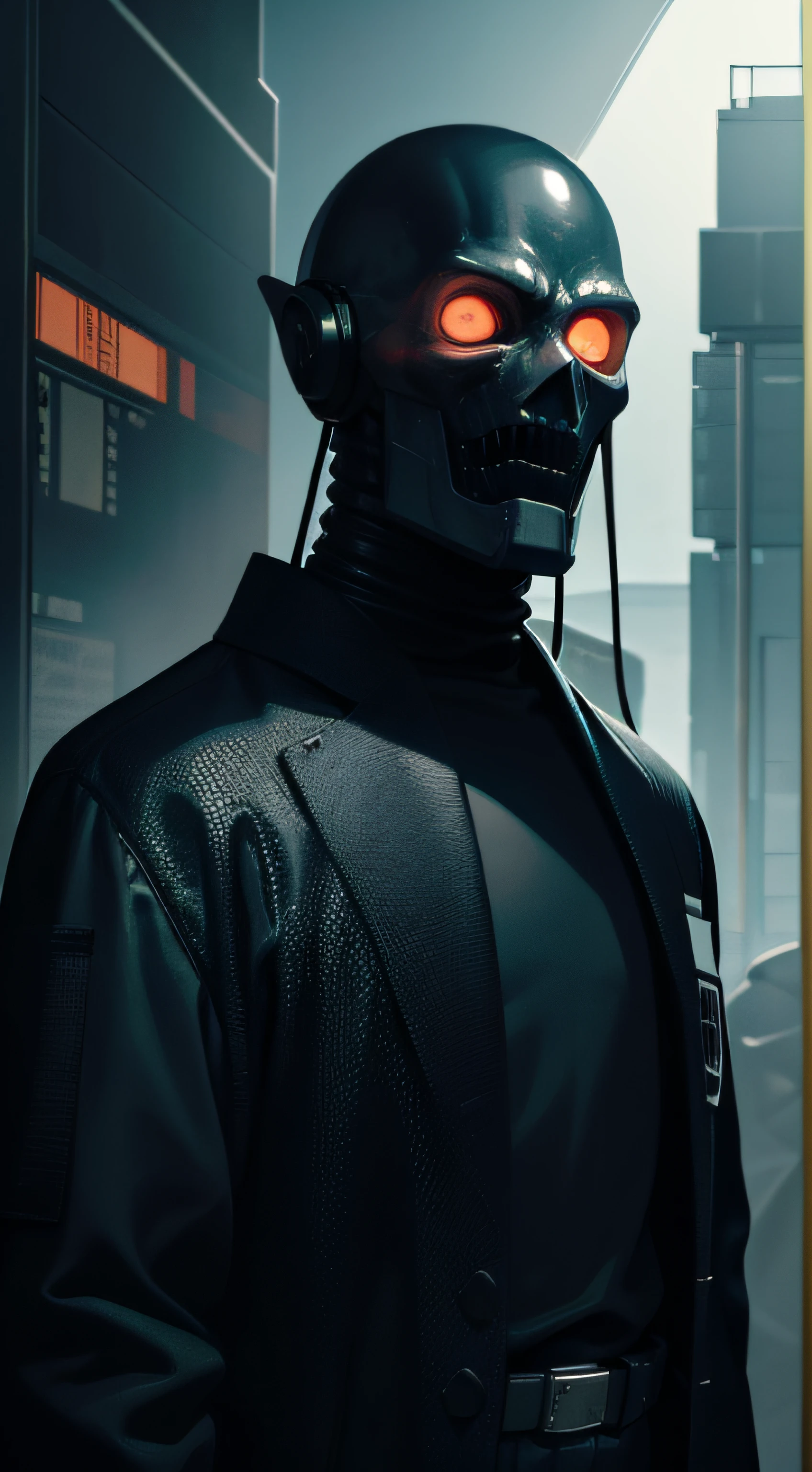 underground mall, cyber punk perssonage, smooggy, Skeleton Man, The pupils glow red, Spit white smoke, Light, Reflectors, Movie light, high qulity.