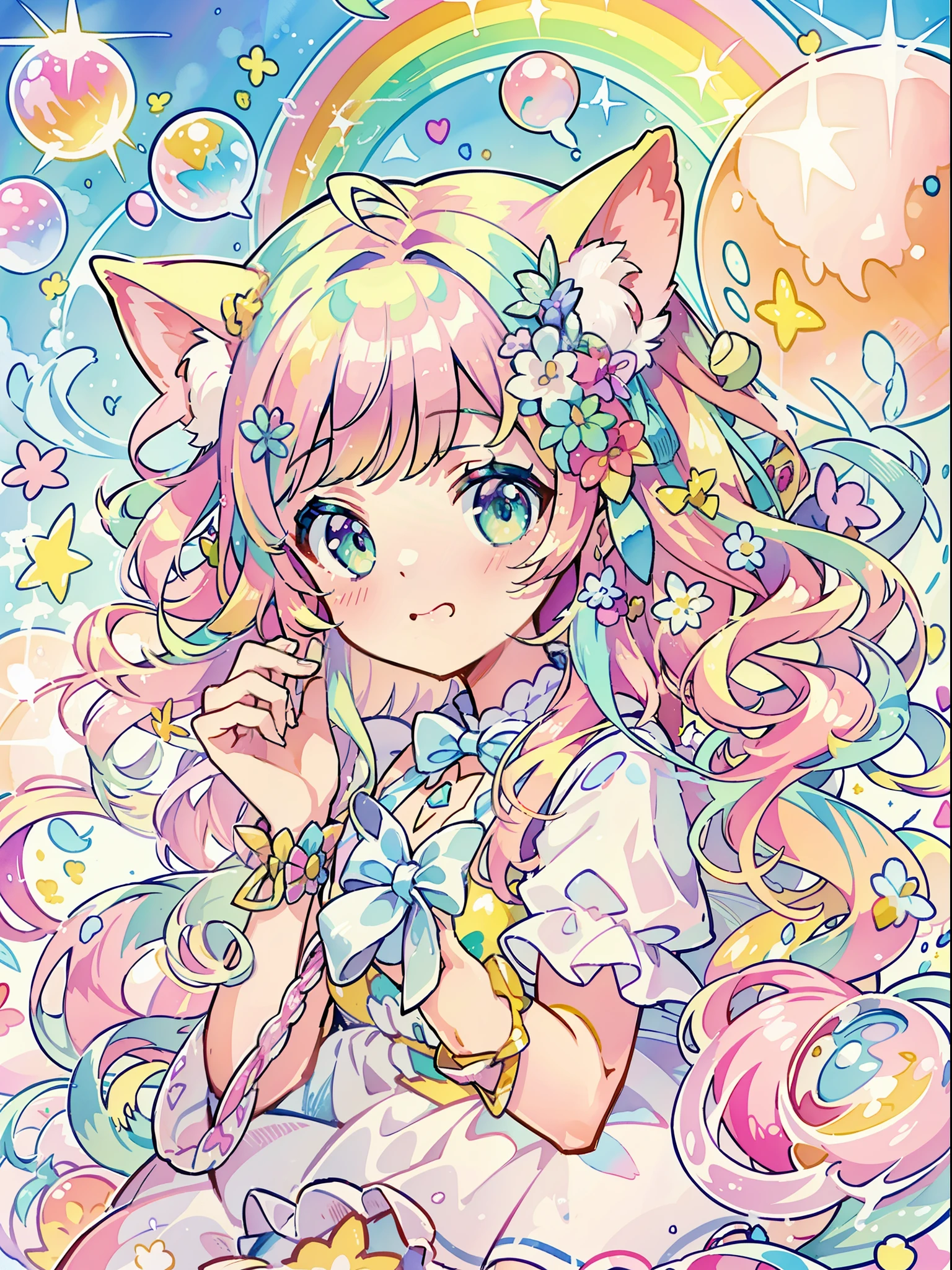 Yumekawa 、Cute as a dream、a pale、Moya、(​masterpiece、top-quality、top-quality、watercolor paiting(Curly)、Take a cute cat、Official art、Beautifully Aesthetic:1.2)、(a beauty girl:1.3)、patterns、(rainbow-colored hair、colourful hair:1.2)、Soap bubbles、Rainbow behind、​​clouds、colourfull、Soap bubbles、Hair spreads throughout、kawaii、pastels、Large ribbon、Lovely room、Rainbow Cat Plush Toy