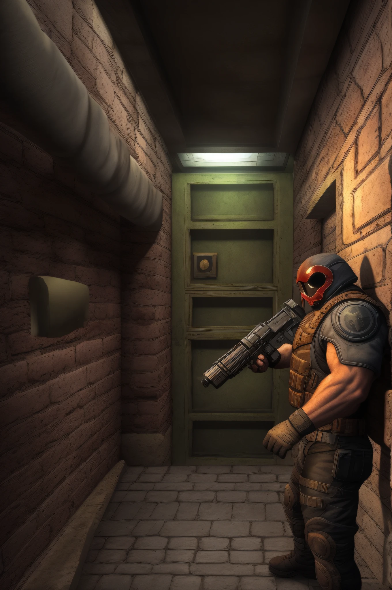 first-person view [The hero sees his hand with a pistol, moves through the dark corridors of the laboratory and kills terrible mutants, as in the game DOOM, Brick walls, Dark corners, Gloomy Shadows, Freaks, Mutants], 3D шутер, ass pov, Maximum realism, photorealestic, 8k, Highest resolution, uniqueness, tmasterpiece