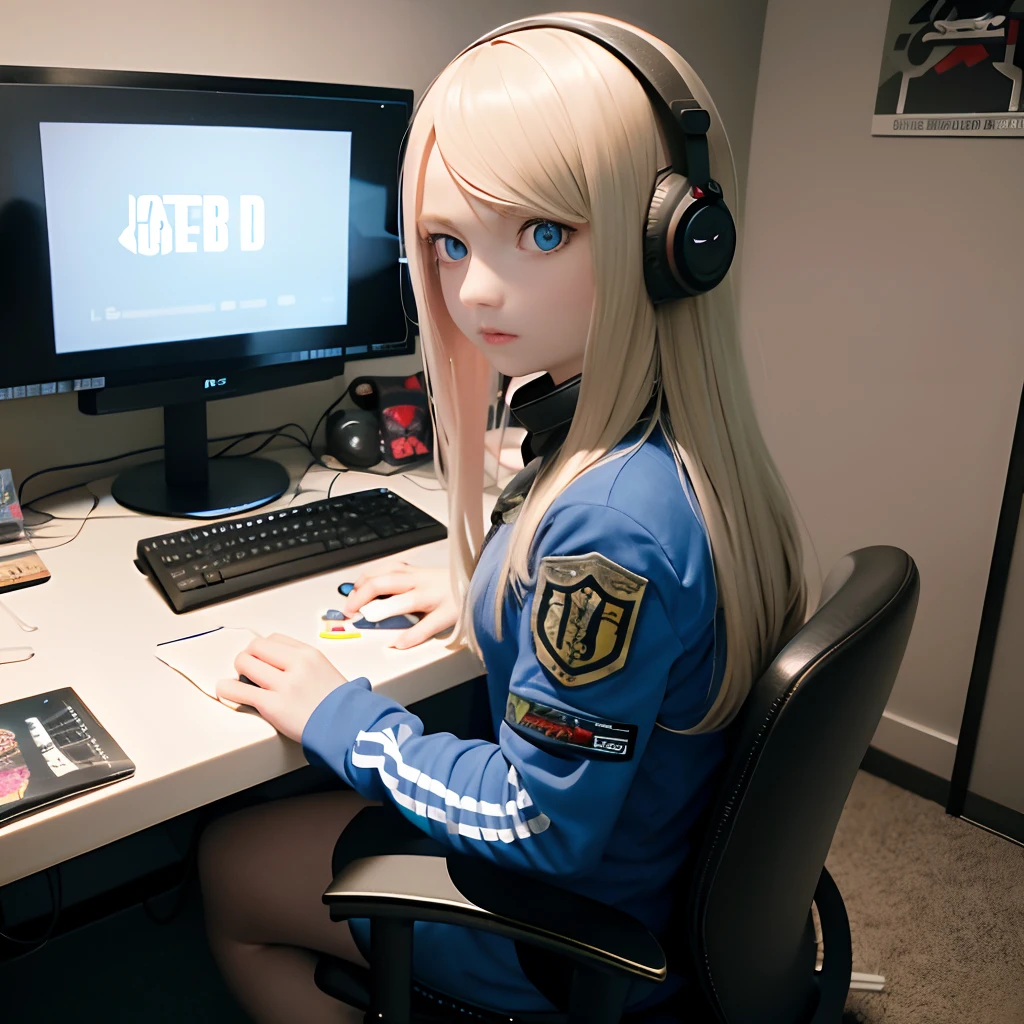 (Blue-eyed blonde girl,gaming bedroom,Degenerate hair,Call of Duty poster,Field logo,Arthur's name is visible)