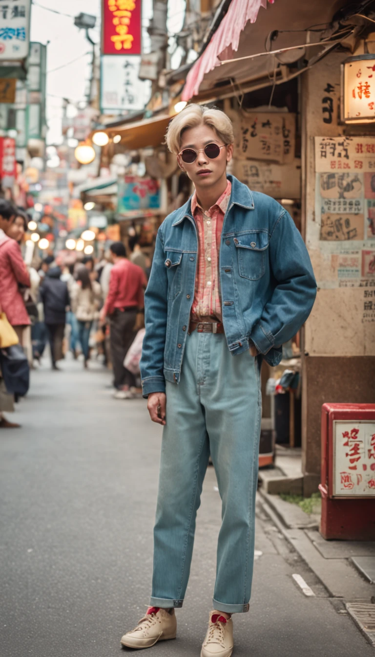 (masterpiece, street snap style:1.2), a nostalgic image capturing the essence of 1980s Japan, (dynamic urban setting:1.3), (vibrant city streets with retro signage:1.2), (pedestrians in vintage fashion:1.1), (lively atmosphere:1.2), (a bustling crowd in the background:1.1), (neon lights illuminating the scene:1.2), (old-school arcades and colorful storefronts:1.1), (authentic street food stalls:1.2), (the eclectic mix of people and cultures:1.1), (a young man with blonde hair and retro attire:1.2), (oversized denim jacket with patches:1.2), (layered vintage T-shirts:1.1), (chunky sneakers and colorful socks:1.2), (playful accessories:1.1), (round sunglasses with tinted lenses:1.2), (a vintage film camera with a wide-angle lens:1.1), (capturing the candid moments of everyday life:1.2), (film grain and soft vignette effect:1.1), (adding a nostalgic touch:1.2), (the image exudes a retro urban vibe:1.1), (transporting viewers back in time:1.2), (a snapshot of 1980s Japanese street culture:1.1), (celebrating the fashion and spirit of the era:1.2), (immersing the audience in the charm of a bygone era:1.1).