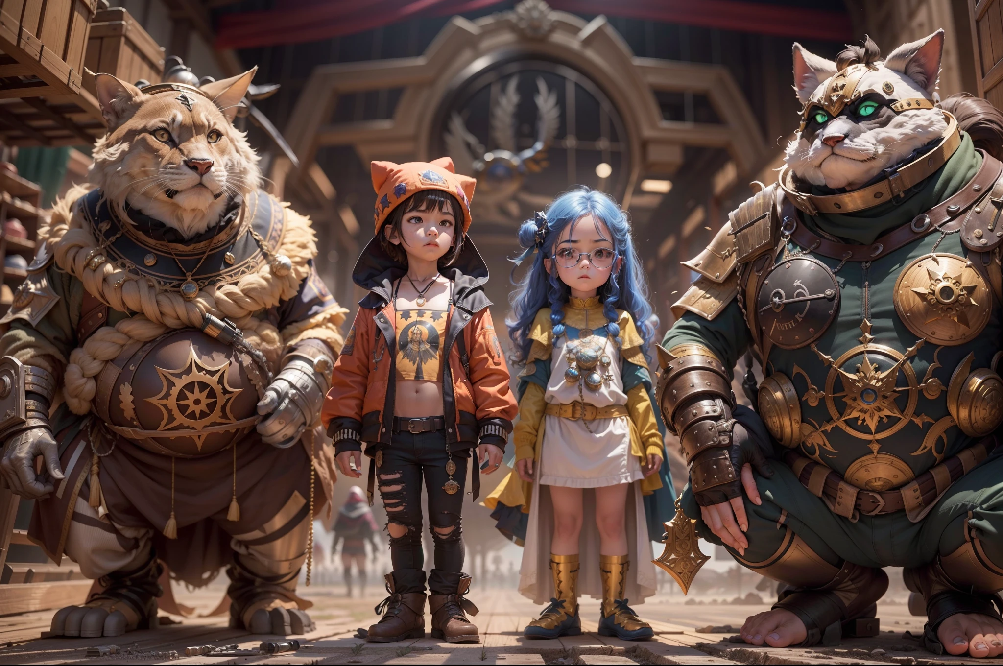 (Obra maestra) (La mejor calidad) Four villains from a 2020 movie. Son muy bonitos y atractivos, Wearing strange looks with metallic ornaments and strange clothes. Su mirada es agresiva y desafiante. They are in a hagar with an airplane in the background and large wooden boxes, They are in the foreground with large automatic weapons.