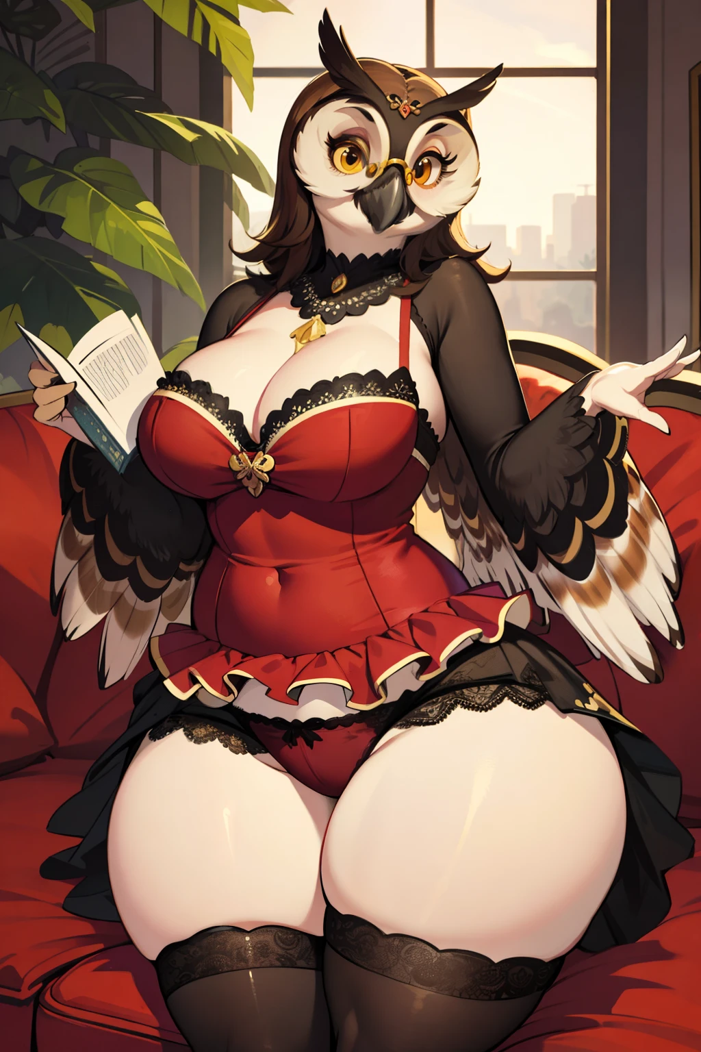 antro (brown owl), winged arms, female, large breasts, beak, round glasses, flowery short dress, large lacy panties, wide hips, fat body, huge thighs, huge ass, rear view, lying on a sofa, library background, realistic lighting, top, bottom, embarrassed smile