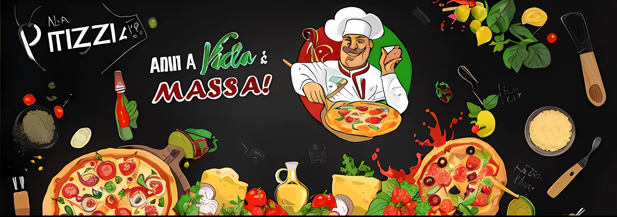 There is a blackboard with the picture of a chef and pizzas, pizza advert, pizza italiana, apresentando pizza, molho de vinha, pizza, propaganda de alimentos, Hosada, cooking show, cozinhar pizza, easy go, vendedor de salsa, lasanha, imagem de alta qualidade, pizza!, amazing food illustration, Alimentos comerciais 4K, pro - vida, inspirado em Vito D'Ancona