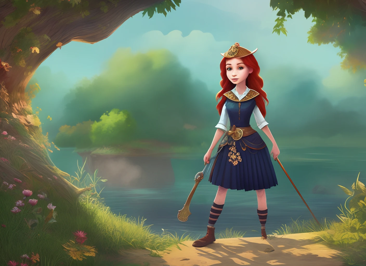 a female character in the same armor with red hair and green eyes, in the style of unreal engine, fullbody, soft shading, beautiful and loving illustrations in a consistent style for children books