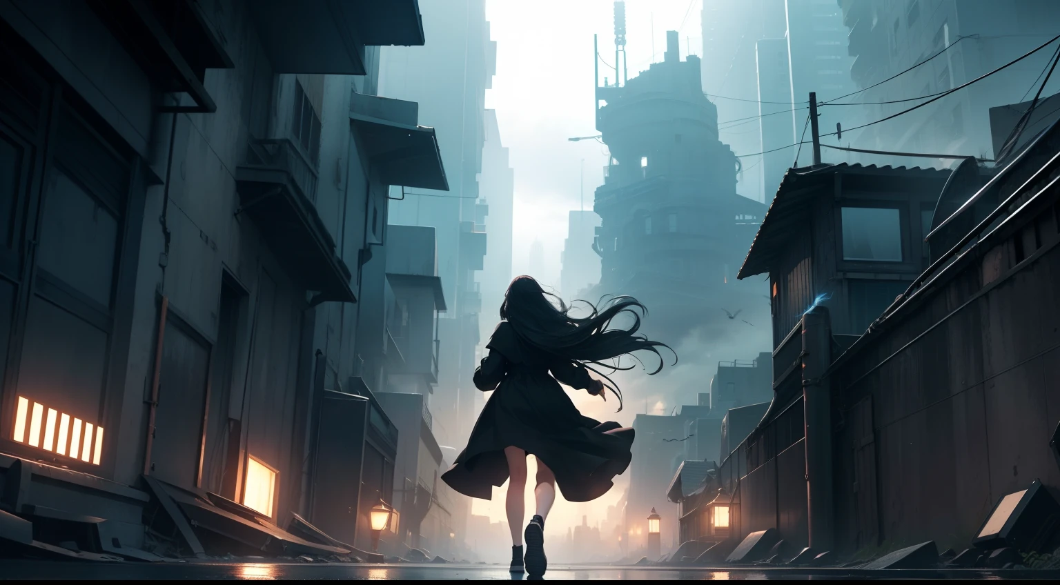 High quality, A deep picture of sadness and hope, Back view of a beautiful girl running, Dark clouds approaching the bottom of the Earth, A dystopian city surrounded by high walls, girl in black dress, Long hair fluttering in the wind.