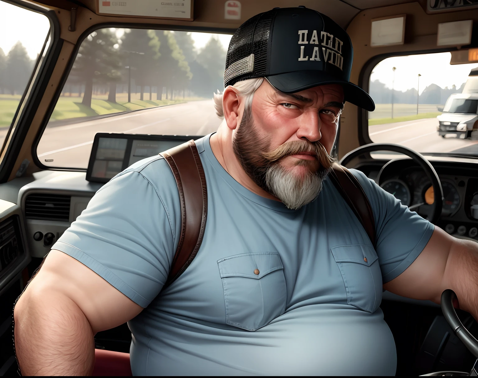 Old man, truck driver, in truck, trucker cap, fat, bearded, side view, extremely detailed, realistic, Looking at camera Looking ahead