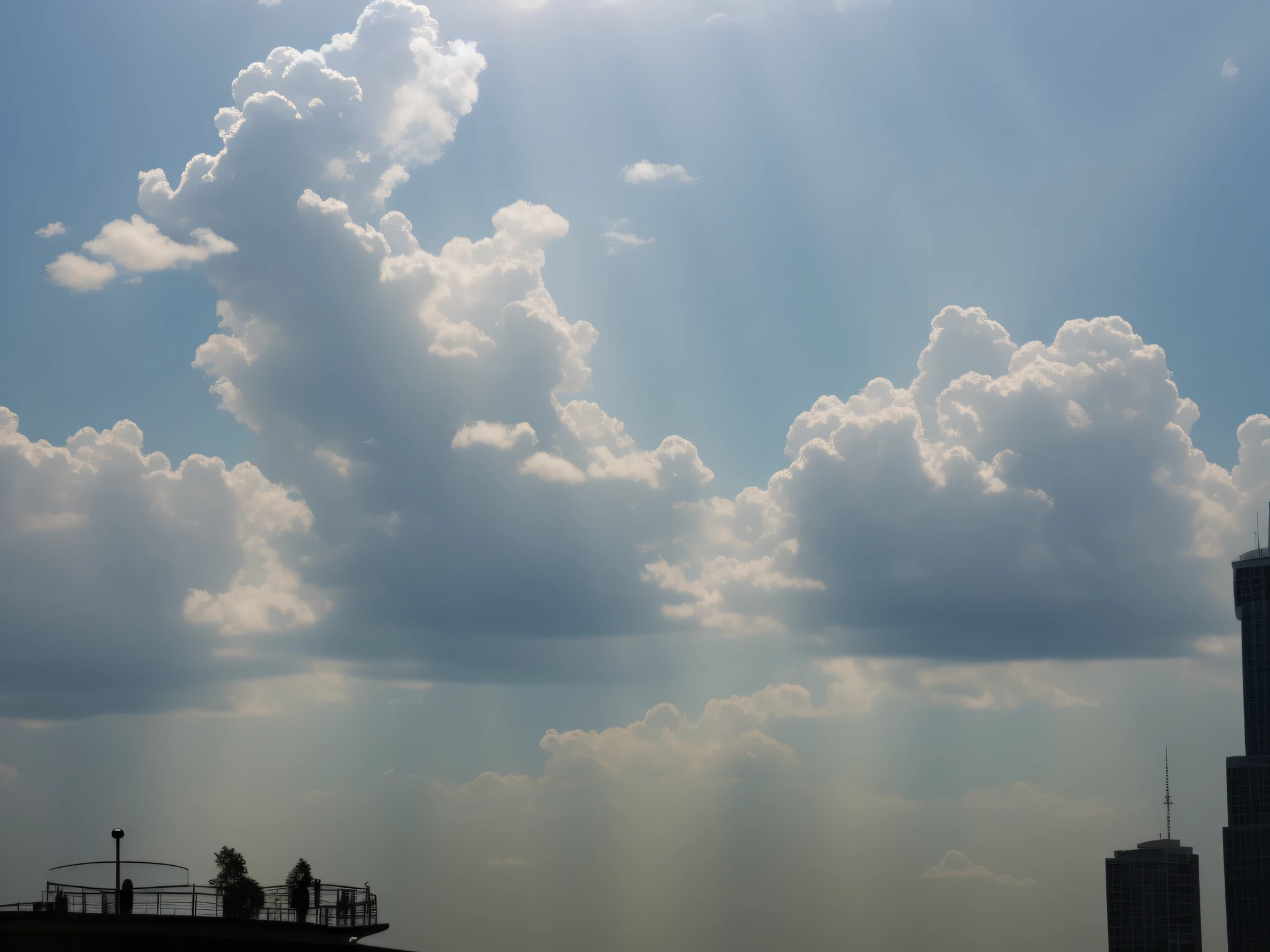 There are a lot of clouds, with backdrop of god rays, glistening clouds in background, visible sky and humid atmosphere, clouds visible, visible sky and sunny atmosphere, cloudy weather, large clouds visible, mostly cloudy sky, Big clouds visible, panorama view of the sky, clouds in the background, light and clouds, cool skydome