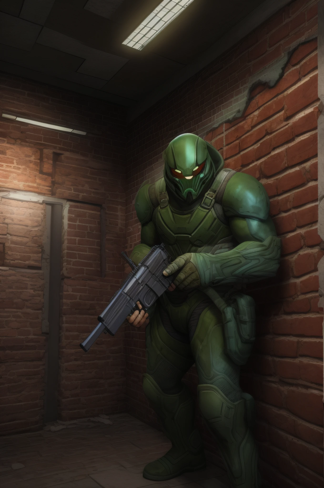 first-person view [The hero sees his hand with a pistol, moves through the dark corridors of the laboratory and kills terrible mutants, as in the game DOOM, Brick walls, Dark corners, Gloomy Shadows, Freaks, Mutants], 3D шутер, ass pov, Maximum realism, photorealestic, 8k, Highest resolution, uniqueness, tmasterpiece