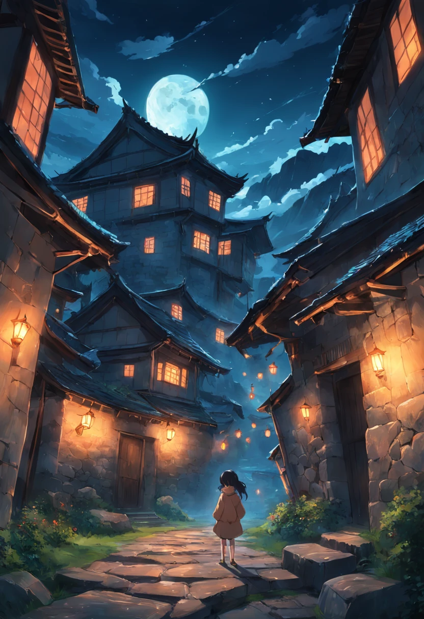 The stone houses in the village were quiet at night, Peaceful and tranquil, The darkness outside is cut off from the roar of the beast