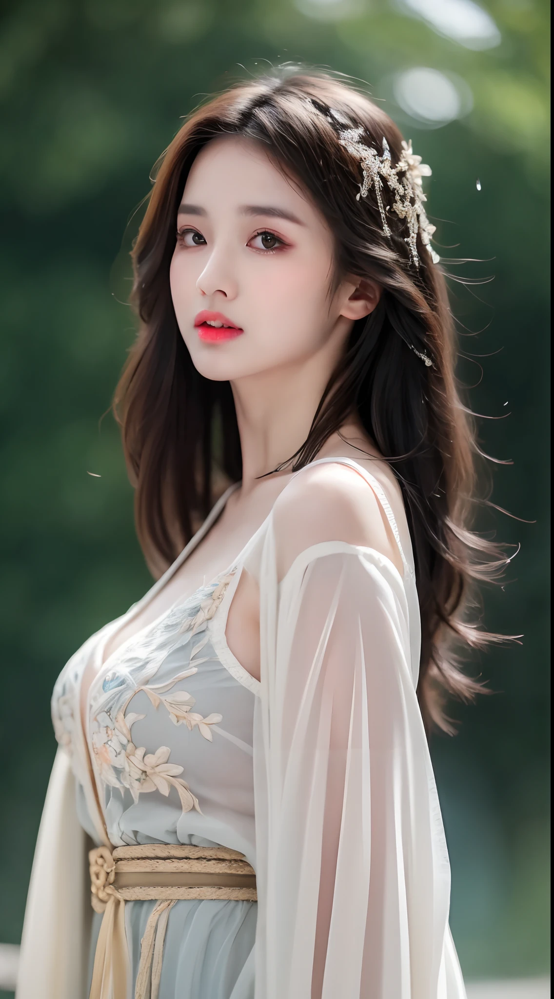 ((Best Quality, 8k, Masterpiece: 1.3)), Focus: 1.2, Perfect Body Beauty: 1.4, Buttocks: 1.2, ((Layered Haircut)), (Wet Clothes: 1.1), (Rain, Street:1.3), (Breasts: 1.2), (Hanfu: 1.2), Bare Shoulders, Bare Legs, Highly Detailed Face and Skin Texture, Fine Eyes, Double Eyelids, Whitened Skin, Long Hair, (Shut Up: 1.5), (Bokeh Background: 1.5), Big Breasts