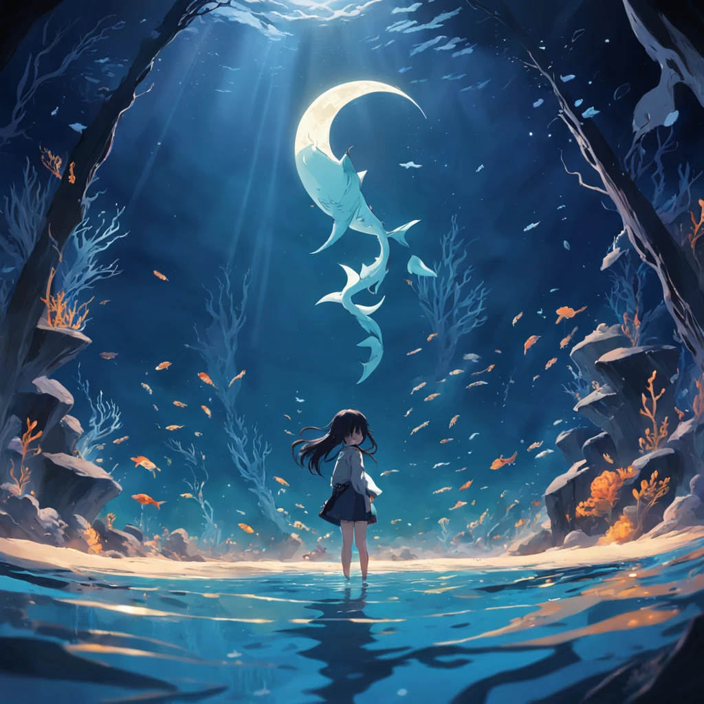 The moon as seen from the bottom of the sea, Eau, nightlight, Fish shadow,Sharks with legs,fish flocks