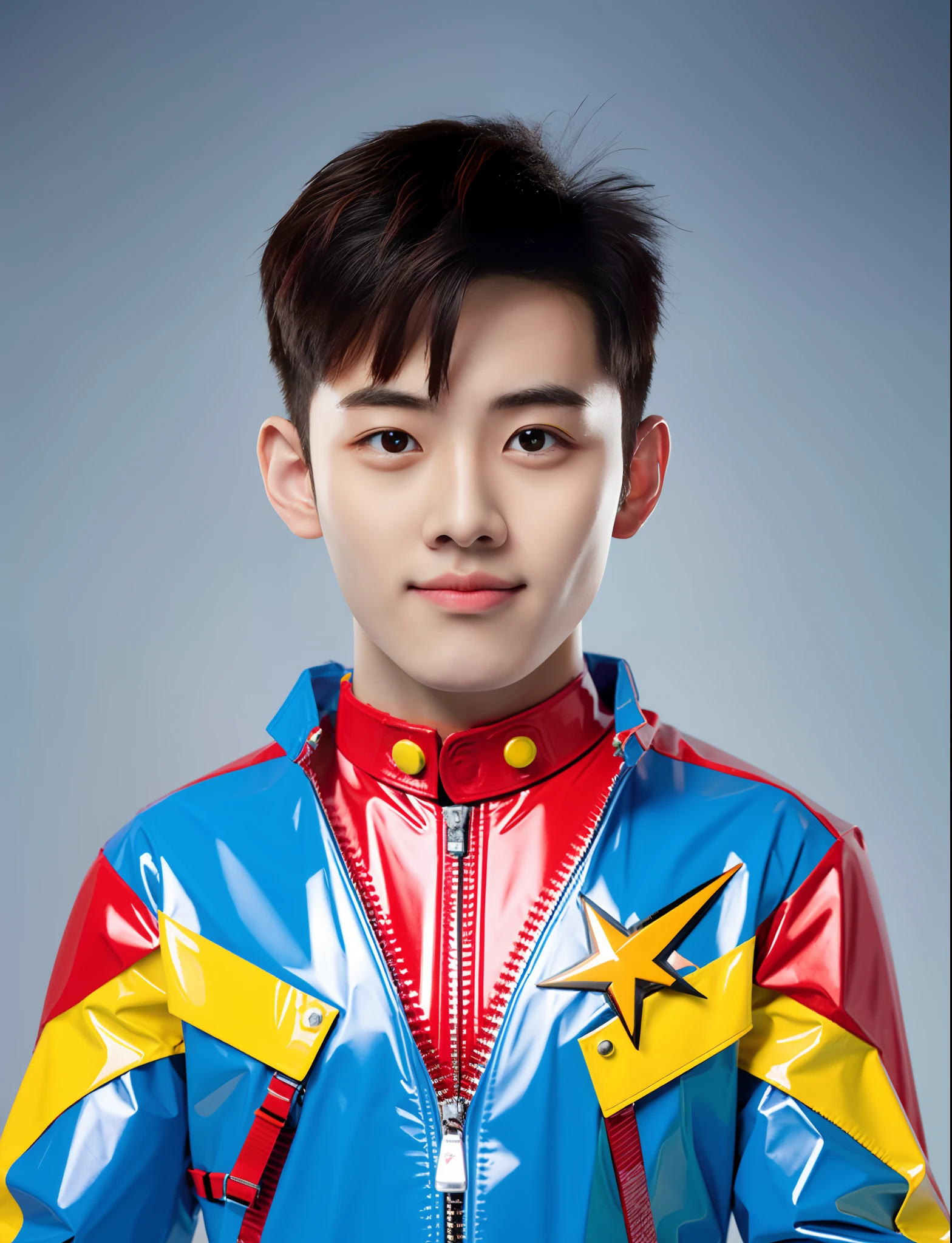 Handsome Chinese male high school student,Wearing PVC red and yellow motorcycle suits,There are zippers,greybackground