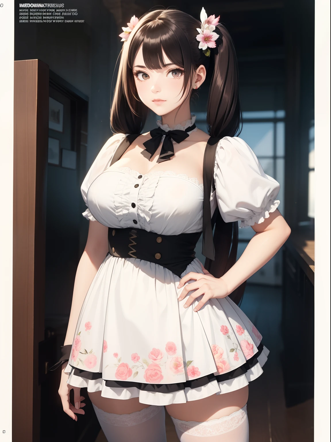 full-body shot, weiblich, drall, kurvig, niedlich, Bulk beziffert,Beautiful face, detailliertes Gesicht, white skin, Mini dress with floral pattern and ruffles, lange Beine, hochhackige Schuhe, brunette hair, Absolut sehr langes, glattes Haar, Twin Tails Frisur, Freundliches Gesicht, Blick auf den Betrachter, (Comic-Stil), (Meisterwerk), (best quality), (Ultra-High-Res), (8k resolution), (ultra-detailliert), (Raytracing),