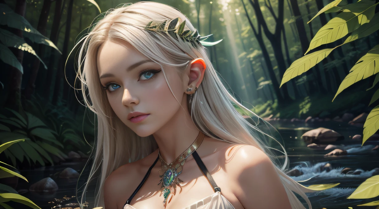 Woman with blonde hair，Blue eyes and a flower crown in the forest, Fantasy art style, Guviz-style artwork, Epic fantasy art style HD, 8K high quality detailed art, Epic fantasy art style, Deviantart ArtStation CGSCOSIETY, Fanart Meilleure ArtStation, fantasy art portrait, fantasy style art, beautiful fantasy portrait, 4K fantasy art