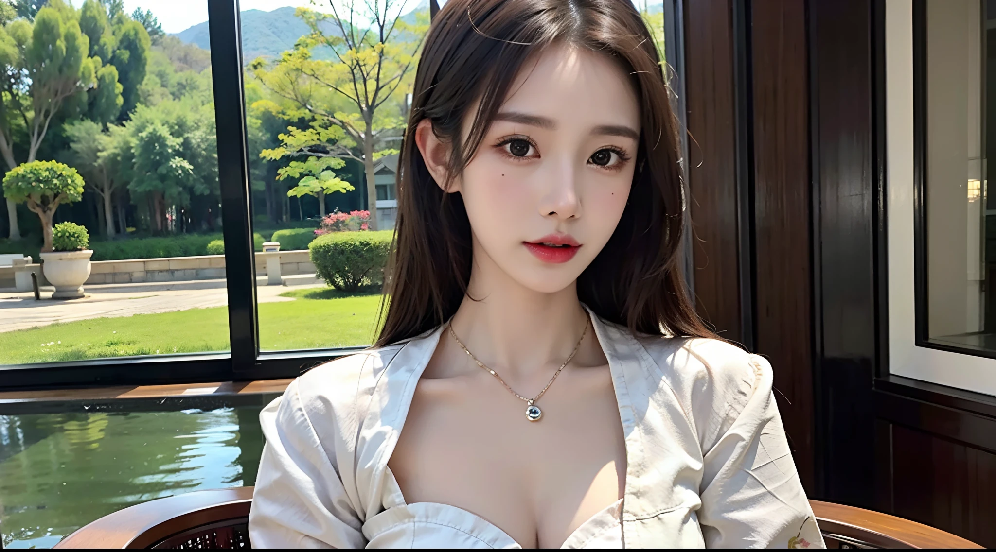 (A half body，Close-up，closeup cleavage：1.2)，Arakfi Asian woman sitting in chair，Wearing a green and gold dress, (outside,NOWAI，rays of sunshine，Skysky，hot onsen，florals，grassy，nevando） ， A girl in Hanfu, Hanfu, Cheongsam, with acient chinese clothes, Traditional beauty, Traditional Chinese clothing, Wearing ancient Chinese clothes, Chinese style, Chinese dress, Chinese costume, Chinese traditional, Chinese girl, wearing ornate silk clothes,Pink lip gloss，（Solo:1.5）,Background bokeh