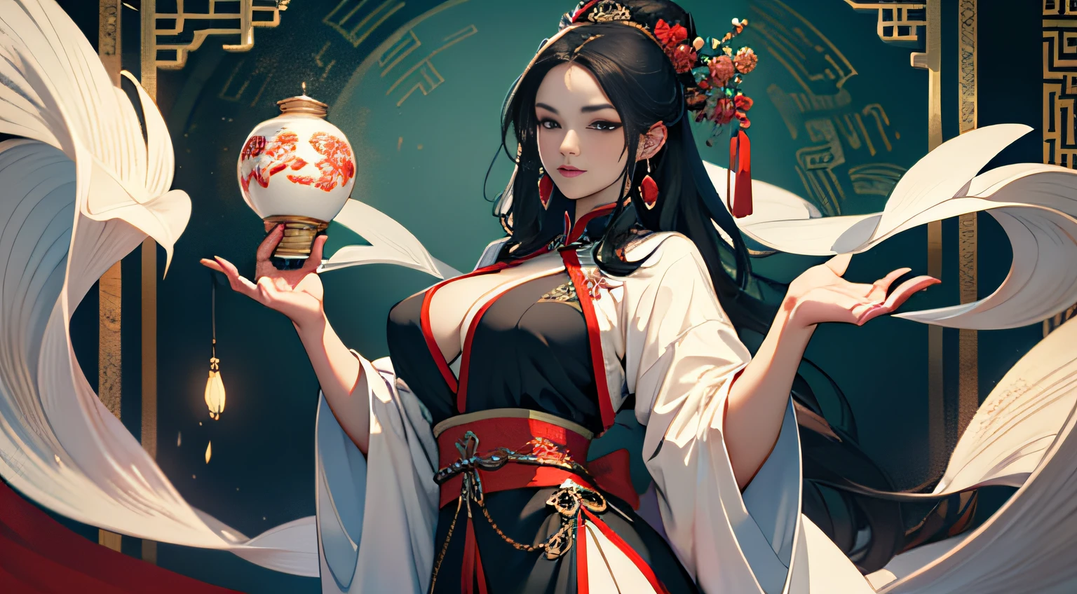 (4K, Best picture quality, A high resolution:1.1), (Masterpiece:1.1), woman, Middle Age, Chinese Ancient Times，A princess，enchanting，big breasts beautiful，Dress appropriately，opulent，Perfectcomposition，Refinement，high qulity，higher details，Lots of details，The background is complex，a sense of atmosphere，