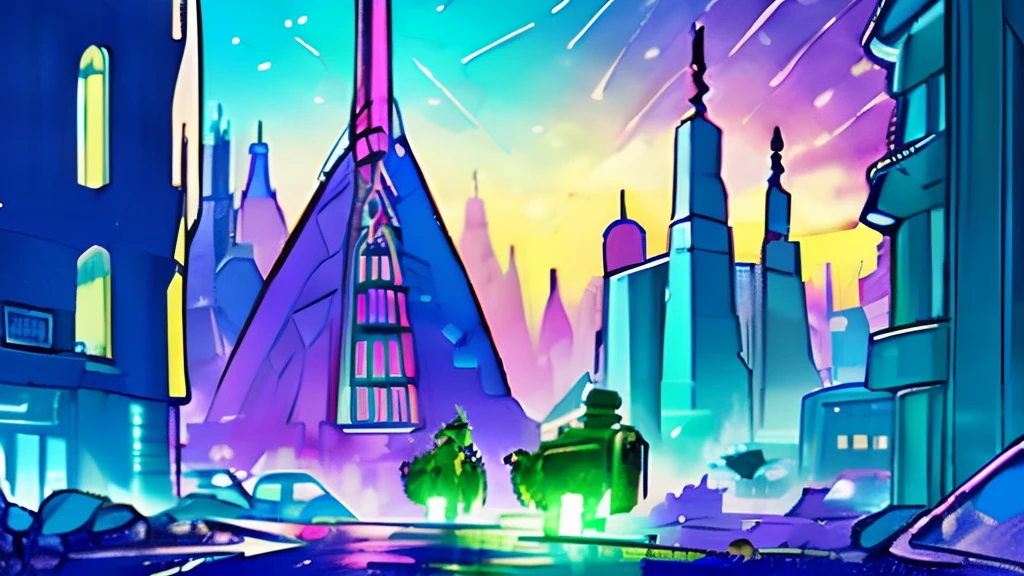 An oil painting of a futuristic cityscape, with towering skyscrapers and flying vehicles filling the frame. The colors are bright and vibrant, with shades of blue, green, and purple dominating the scene. In the foreground, a group of people can be seen walking towards a giant, glowing pyramid.
