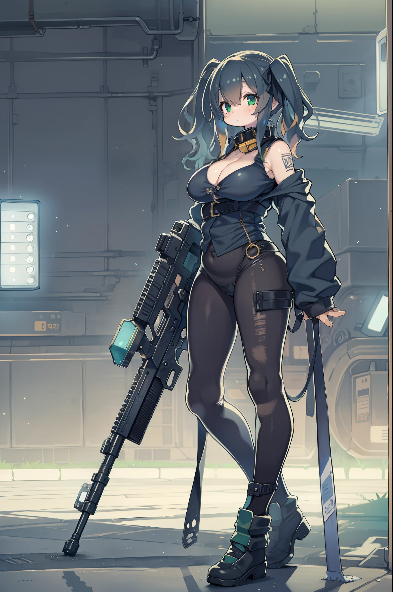 assault rifle、Long sideburns、Anime-style girl with beautiful whole body, clean detailed faces, ciber,analogous colors, Glowing shadows, beautiful gradients, depth of fields, CLEAN IMAGE, High quality,Black Parker Clothing、 high detailing, High Definition, blush, Fit, Heavenly Beauty, Very detailed, Soft lighting, Full body,Green＆Black hair,Green eyes、huge-breasted