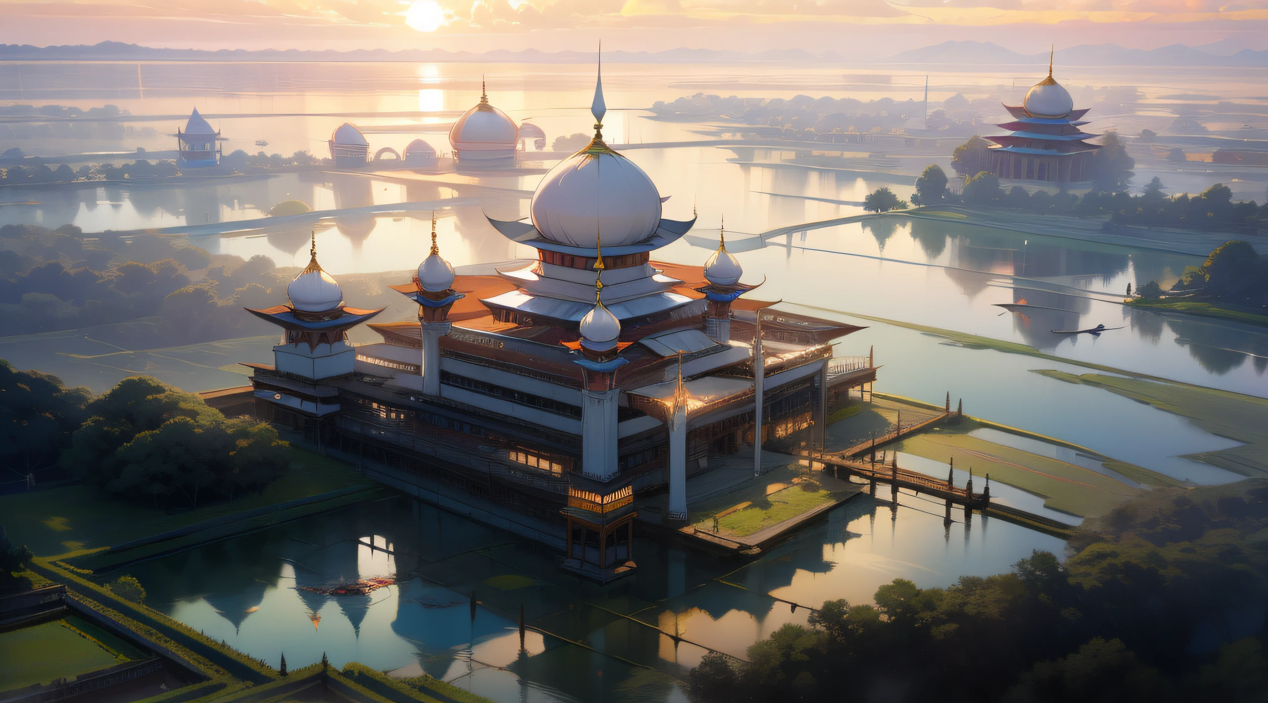 arafed view of a mosque with a lake in front of it, with beautiful mosques, malaysian, mosque, floating palace, shutterstock, islamic architecture, during sunset, light above palace, watermark:-1, palace floating in the sky, during sunrise, majestic masterpiece, malaysia with a paddy field, indian temple, palace floating in heaven, mystical setting