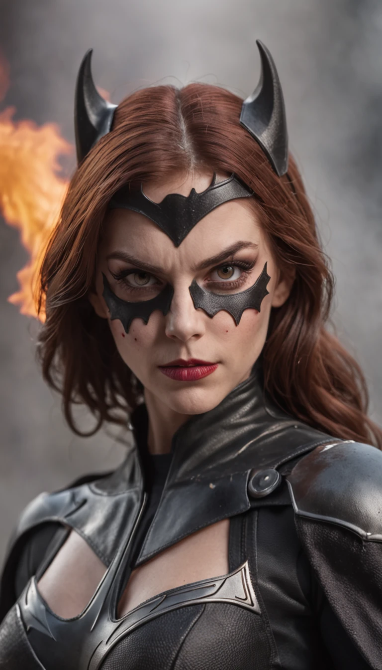 Batgirl, Close up, Fighting crime in Gotham, Bloody from battle, Fire and smoke surround her.