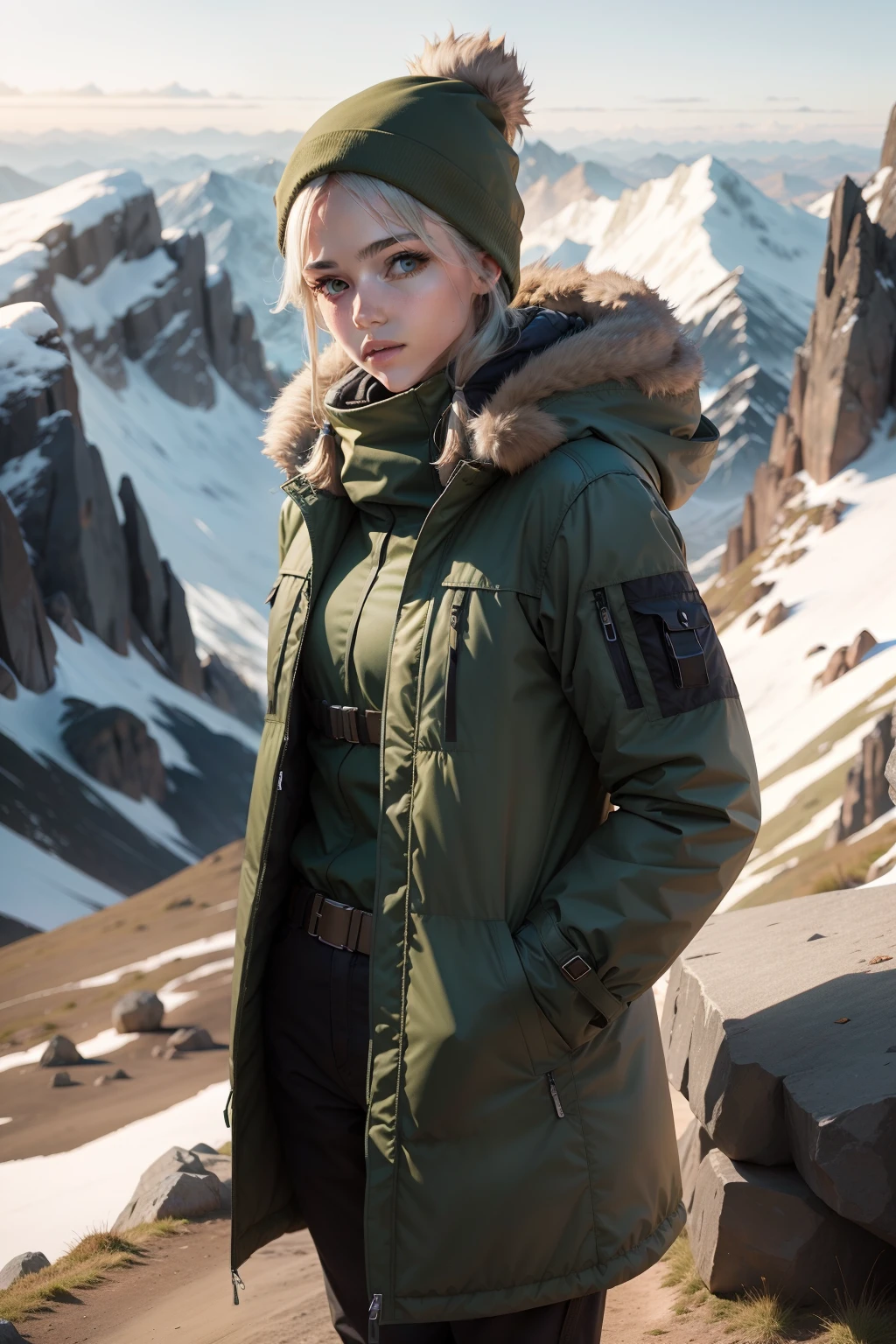 Exaggerated costume design,Outdoor style,onthe mountain,Neutral style,Dark green down coat