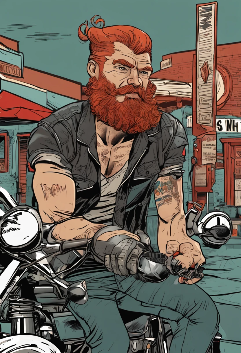 Create an image of a badly faced, redheaded, bald but light-skinned man, with a very strong red beard that contours his jaw, but without mustache, only skirting the chin;. o visual dele e de motociclista, with a ripped jeans and black leather boot. The setting is inside a bar that has a single pool lit by pendant lamp on top of that pool and a small counter on the side of the bar and in the background a sign with the saying "New retro channel". He's ordering a pin up style beer from a waitress. Very realistic photo in high definition 4K HD. Do not put any motorcycle in the photo only the red-haired man inside the bar